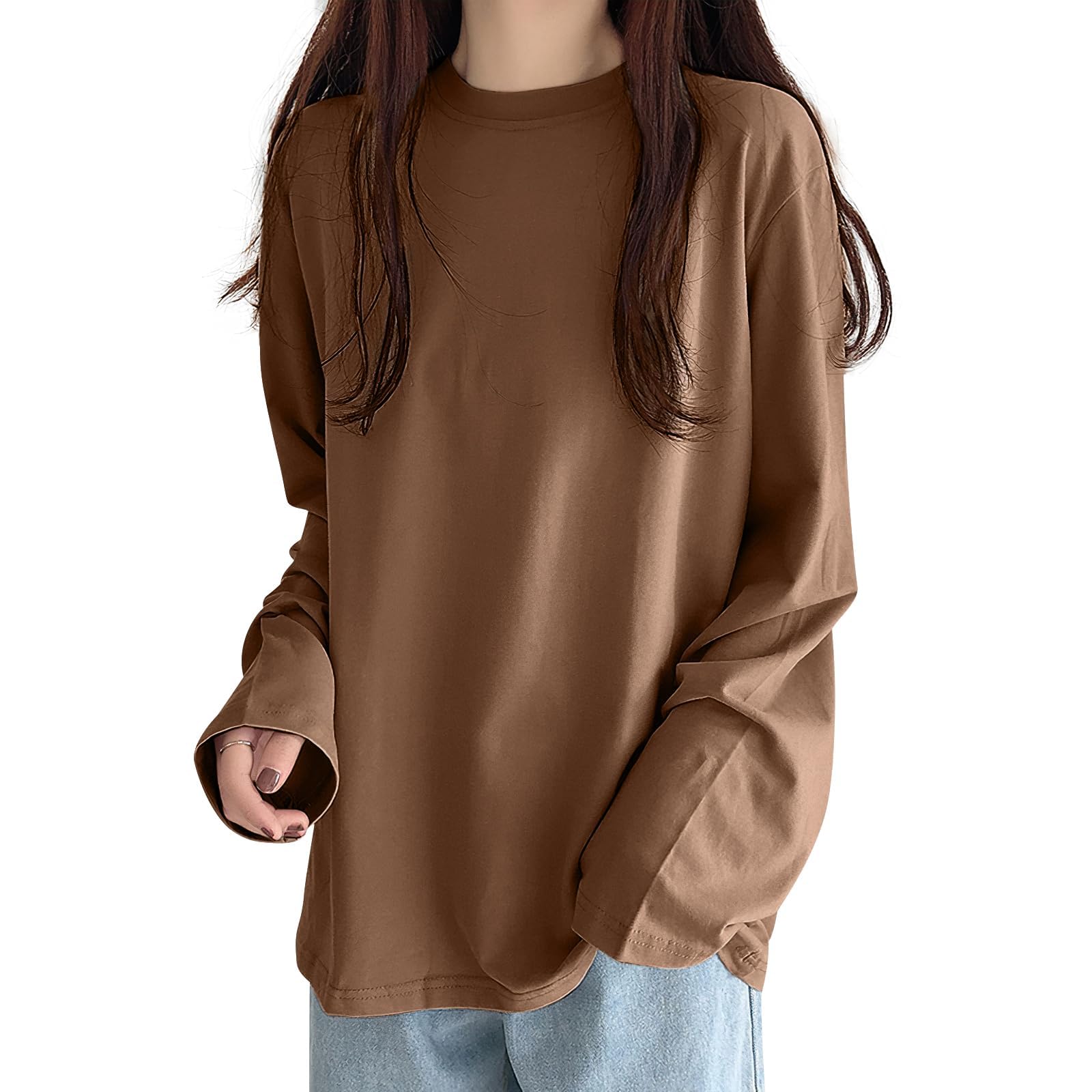 【送料無料】[Adcey] 【新色追加！】Tシャツ レディース 長袖 トップス 【秋冬の定番もちふわタッチ型崩れしにくく】 カットソー ティーシャツ 丸首 クルーネック ロングスリーブ カジュアル 着痩せ ゆったり 重ね着 無地 シンプル きれいめ おしゃれ (L, コーヒー)