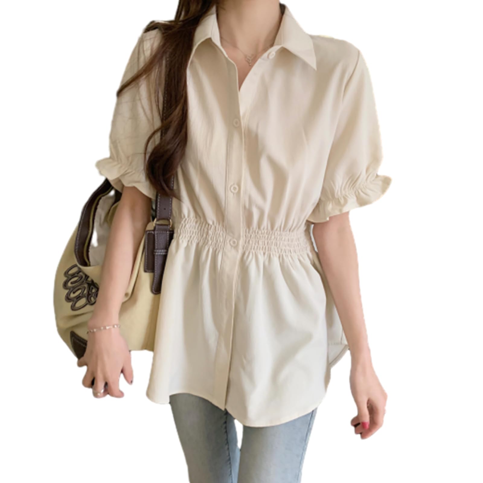 【送料無料】[NONELECEDOLE] シャツ レディース トップス 半袖 折り襟 ウエストマーク ブラウス ポロネック 腰がくびれたデザイン 大きいサイズ 着痩せ 無地ィット ファッション 通勤 春 夏 秋