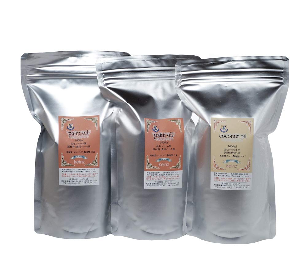 【送料無料】keinz 手作り石けん用 良質で新鮮 「パームオイル1L 2個」と「ココナツオイル(ヤシ油)1L 1個」のセット 原産国:マレーシア/フィリピン ...
