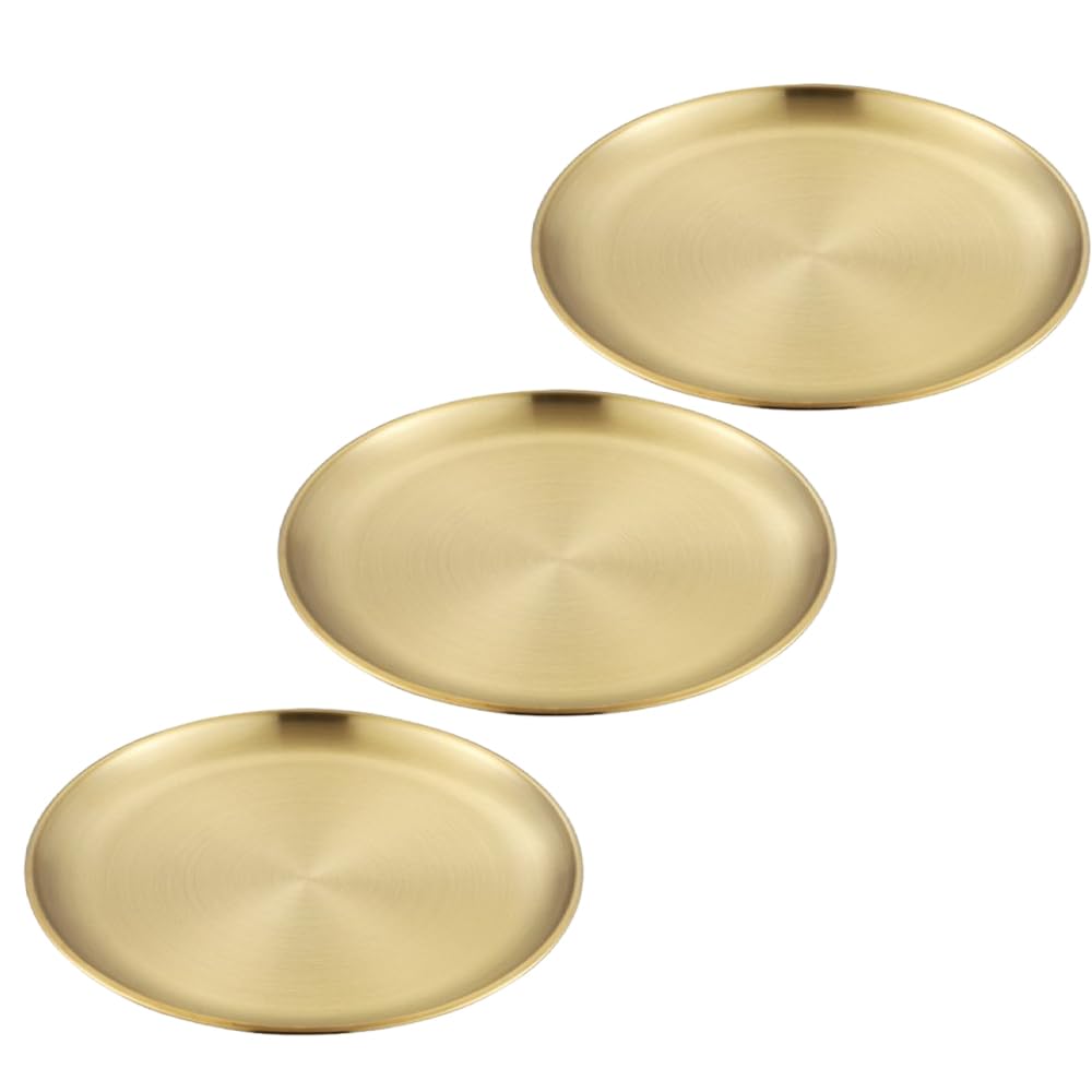 【送料無料】Asdays ステンレス プレート スパイスカレー お皿 ケーキ パイ おしゃれプレート キャンプ 丸型 ステンレス製 (ゴールド, 直径26cm（3枚セット）)