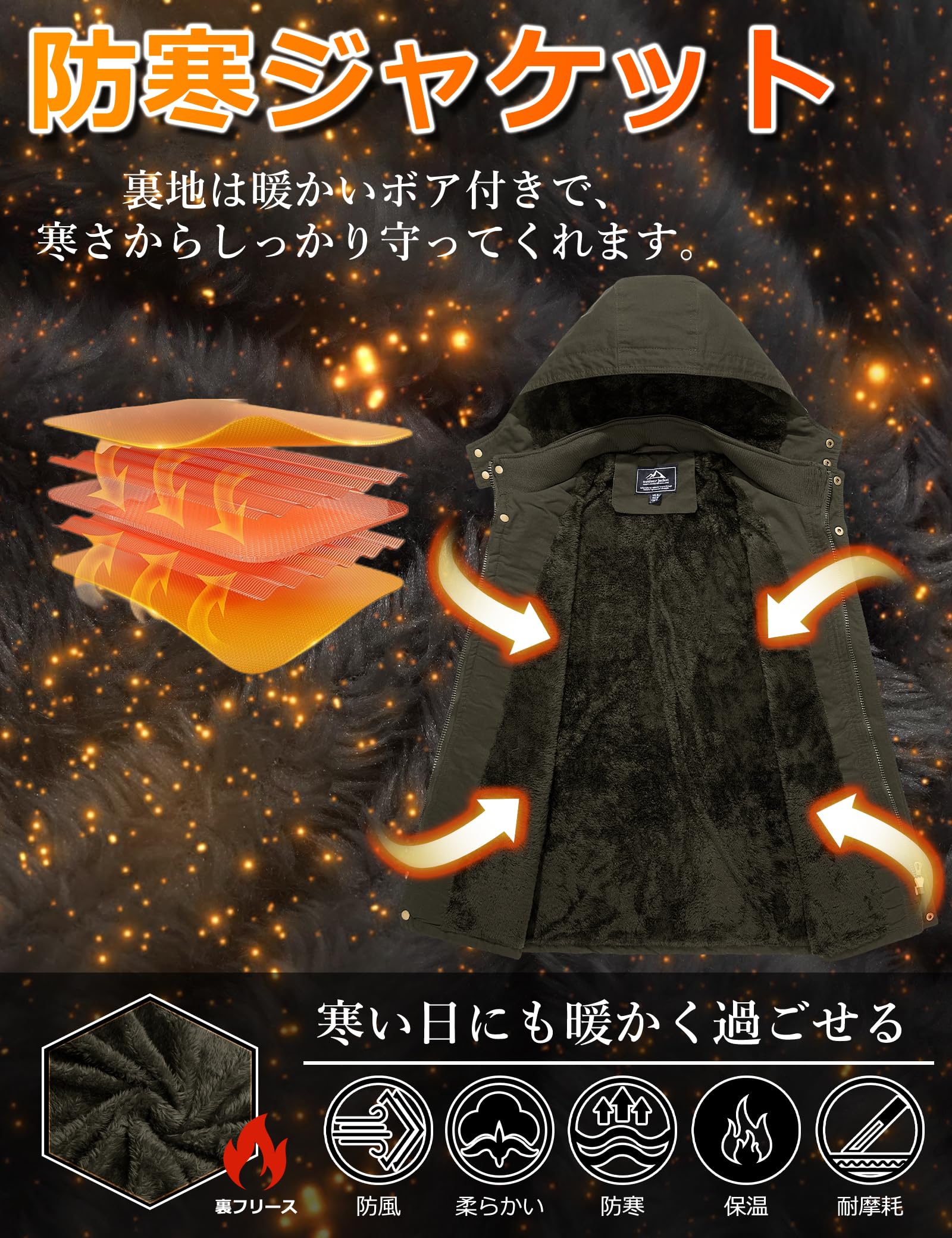 【送料無料】[KEFITEVD] ミリタリージャケット メンズ ボア 冬服 モッズコート 防寒着 裏ボア アウター 厚手 バイクジャケット ライダース コート 大きいサイズ 登山 ブルゾン 保温 作業ジャンパー od グリーン JP M 3