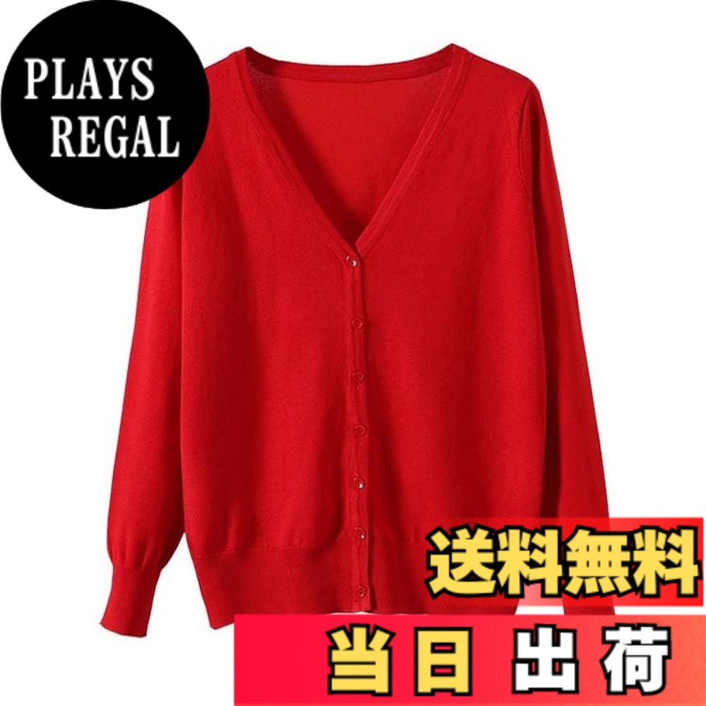 【送料無料】[Blostirno] Vネックカーディガン レディース 長袖 ニット 無地 きれいめ レッド（JK0822red-4xl）