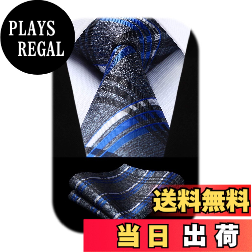 【送料無料】[Enlision] ビジネス ネクタイ チーフ シルクチェック おしゃれ 柄 セット メンズ 結婚式 就活 高級 グレー/ブルー EC-01