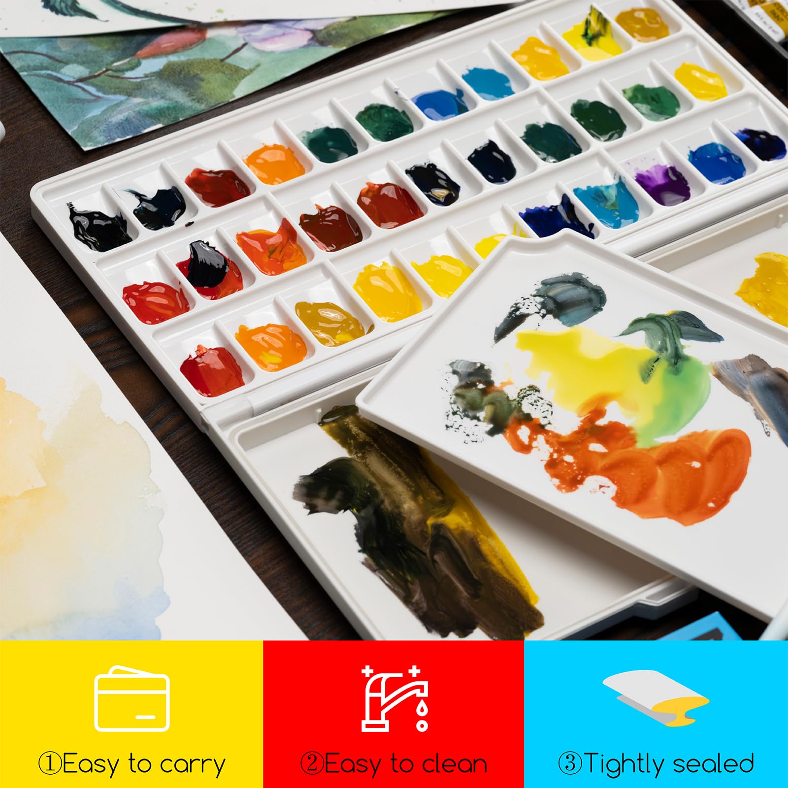 【送料無料】MEEDEN 絵の具パレット 33穴 セラミック 気密蓋付き 漏れ防止 大きなミキシング領域 折りたたみ式 旅行用 持ち運び簡単 アクリル 水彩 油絵 水粉用 配色便利 DIY 絵画 芸術家 学生 大人向け 青色のふた plays23-10770886 PLAYS REGAL サンプル画像2
