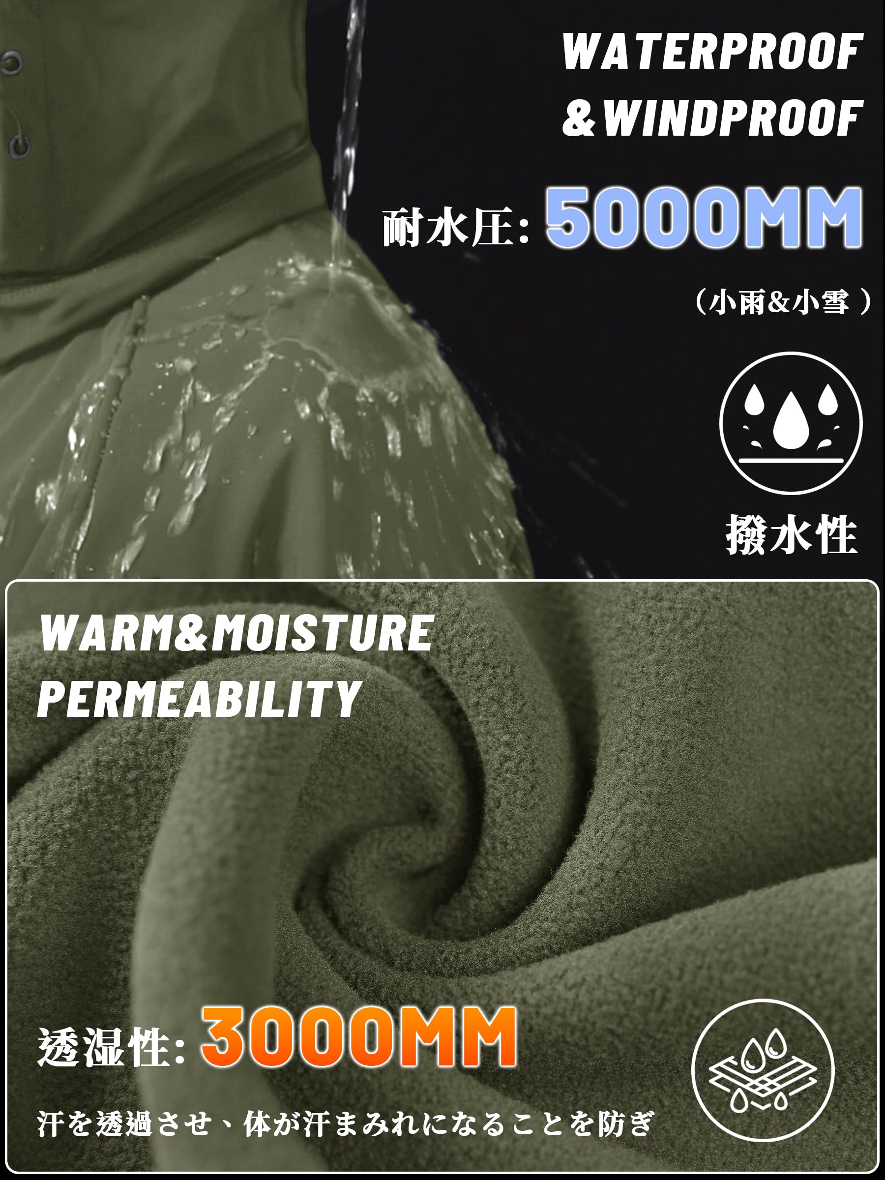 【送料無料】[KEFITEVD] 防寒ジャケット メンズ バイク ジャケット冬用 撥水 登山ジャケット 作業着 ジャンパー ハイキング 透湿ジャケット 釣り 登山 トレッキング 冬服 アウター 緑 グリーン 2XL 2