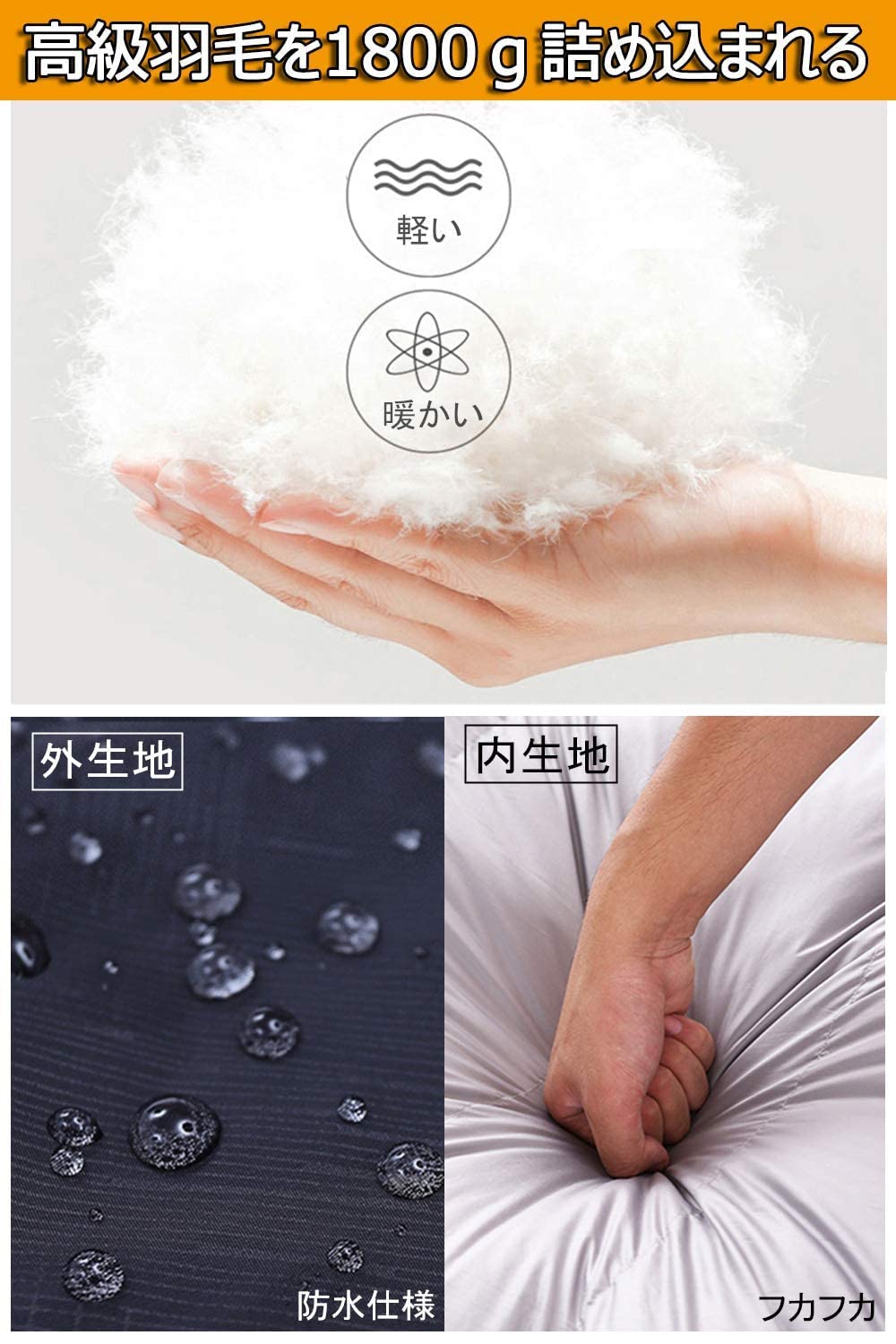 【送料無料】JUYEE 寝袋 冬用 ダウン シュラフ 冬 最低温度-25 キャンプ 羽毛寝袋 2人用 連結可能 2.7kg 大きいサイズ 封筒型 コンパクト 丸洗い 防寒 災害 車中泊 (2.7KG／橙+黒 右開き) plays23-10529560 PLAYS REGAL サンプル画像3