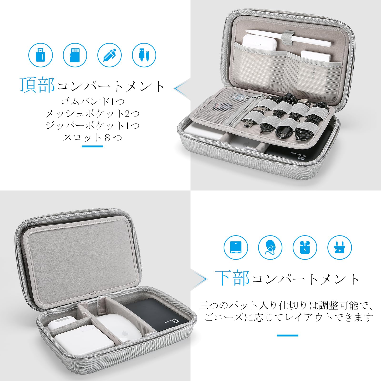 【送料無料】ProCase ガジェットポーチ、防水性のあるEVA材、大容量、3層仕組み MacBook アダプタ・ Magic Mouse 2・ USB Flash Disk・SD収納、スマホ・タブレット充電・ケーブルの小物入れ、PC周辺アクセサリーの整理バッグ −グレー plays23-10712507 PLAYS REGAL サンプル画像3