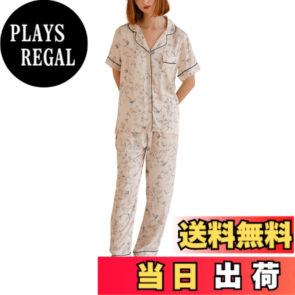 商品情報商品の説明主な仕様 ドレープ感のあるレーヨンに肌触りの良いコットンをブレンドした、ストレッチ性のあるジャージー素材。 やわらか素材の綿だからこそ、縫製にもこだわりがお肌への刺激を最小限にして縫い目がお肌に当たらずチクチクしないので、敏感肌の方も安心です。綺麗に縫われた個性的な開襟シャツ風のパジャマは平らで変形しにくい、袖口はシンプルですトップスはリラックス感のあるフィット、ボトムスはトップスインしてもかわいい仕様。締め付け感のないウエストゴムで履き心地よく、動きやすいです。パジャマトップスはボタン仕様で、着脱しやすいです。下半身は伸縮性のあるウエストゴムで、締め付けず快適な穿き心地です。 おしゃれなデザインのルームウェアなので、普段着、部屋着 寝間着、ホテル、旅行など多様にお使いいただけます。注：本製品の印刷は非定位置印刷であり、実際の製品と写真の印刷位置は若干異なりますので、慎重にご購入ください。 生産時期・納品時期・色違い等により若干生地感のお色や風合いが異なる場合がございます。生産時期・納品時期・色違い等により若干生地感のお色や風合いが異なる場合がございます。
