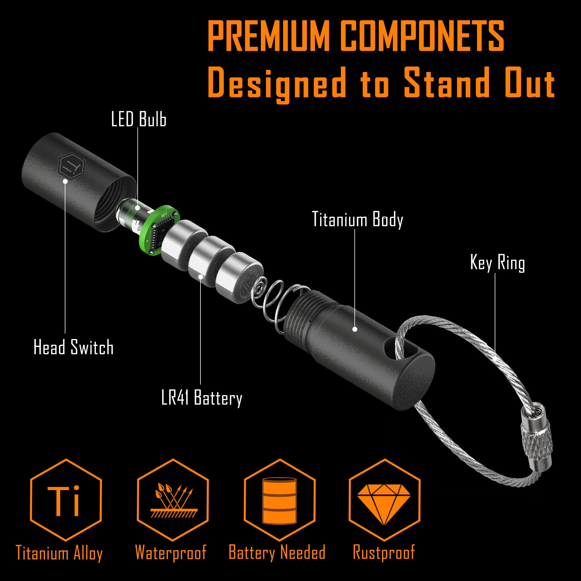 【送料無料】KeyUnity ミニ懐中電灯 電池式 長さ33mm KF00 BK キーライト 小型 led チタン合金製 フラッシュライト 超ミニサイズ キーリング付き ハンディライト ボタン型電池対応 IPX8防水 キーホルダー ライト 防災 散歩 キャンプ 緊急用 アウトドア plays23-10520293 PLAYS REGAL サンプル画像2