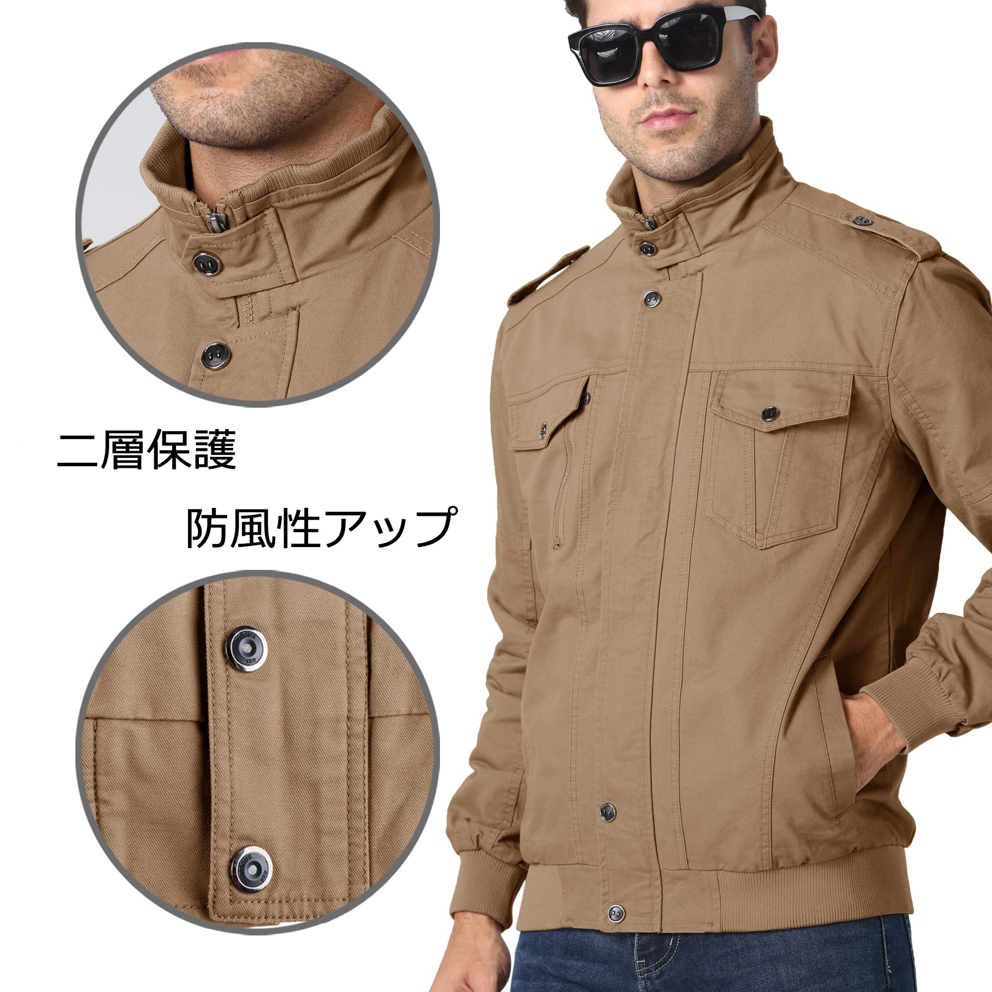 【送料無料】[KEFITEVD] ジャンパー メンズ 作業 ジャケット カーゴ ジップアップジャケット バイク 冬 アウター 大きいサイズ ミリタリー 釣り 綿 ドカジャン 防寒 カーキ JP M 3