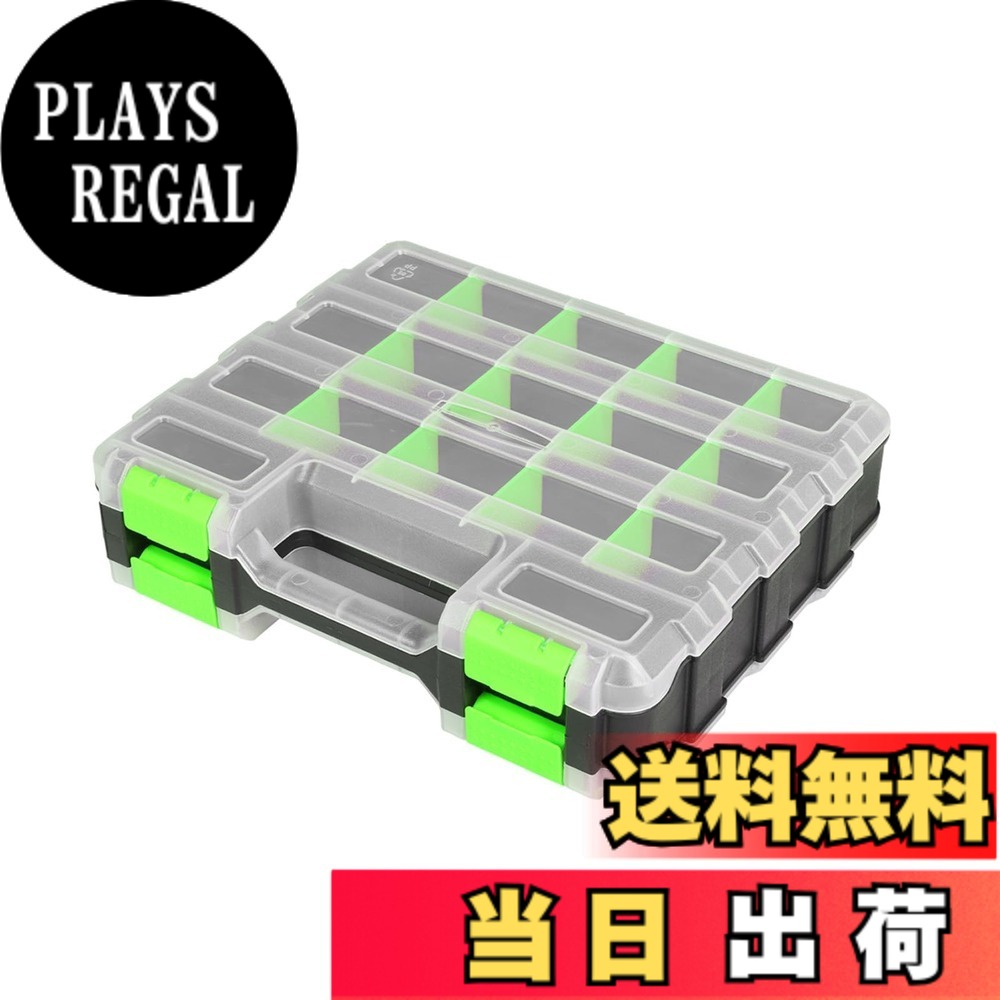 商品情報商品の説明主な仕様 【仕様】サイズ：330*285*80 mm 最小コンパートメントサイズ：65*66mm 材質: ポリプロピレン 重量：約1.0 KG カラー：グリーン ブラック/ 片側最大17ケ所の仕切・両面最大34ケ所仕切 / 取り外し可能仕切板：24枚 / 仕切の深さ：約3.5CMbr【両面使用】 ユニークな取り外し可能なダブルサイドデザインのツールボックスは、特大の収納スペースを提供し、収納に十分なスペースを確保します。【カスタマイズ可能】24個のスライド式仕切り板で、ネジ・ボルト・釣り具・工具などに最適なレイアウトを自由に設計。最小6.5x6cmの細かい区画から広いスペースまで、用途に合わせて柔軟に調整可能。【高耐久＆実用性】PP素材採用で、最大10kgまで耐荷重。工具や金属部品の収納にも安心。ABS樹脂のバックルで開閉も確実で、長期使用に耐える頑丈設計。【ポータブルで持ち運び】たった1.05kgの軽量ボディながら大容量。コンパクトなのに収納力抜群で、作業現場・車内・自宅間の移動にも便利です。