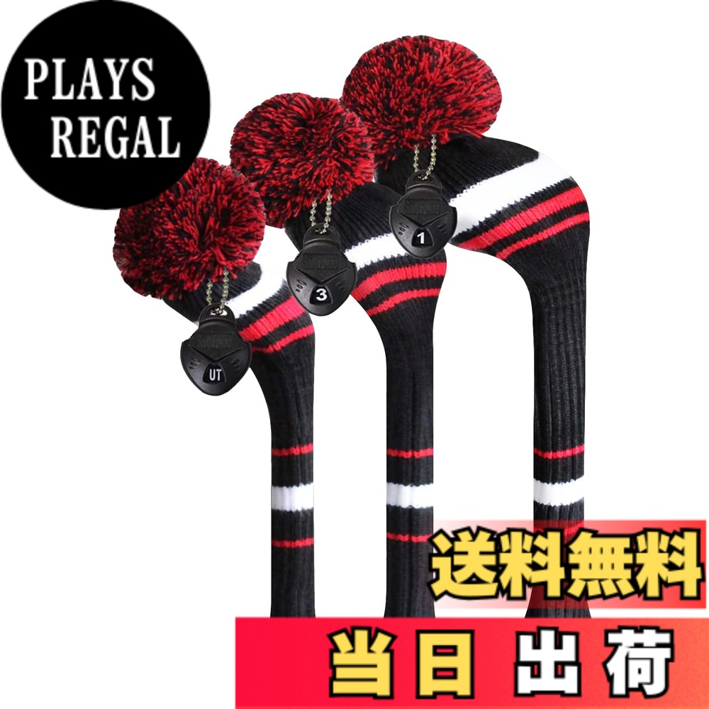 【送料無料】ゴルフ ヘッドカバー ニット セット 3枚セットセット、ゴルフクラブドライバーウッド（460 cc）*1フェアウェイウッド* 1とハイブリッドフェアウェイ*1 色：白黒赤ストライプ、サイズ：Driver/Fairway/Hybrid