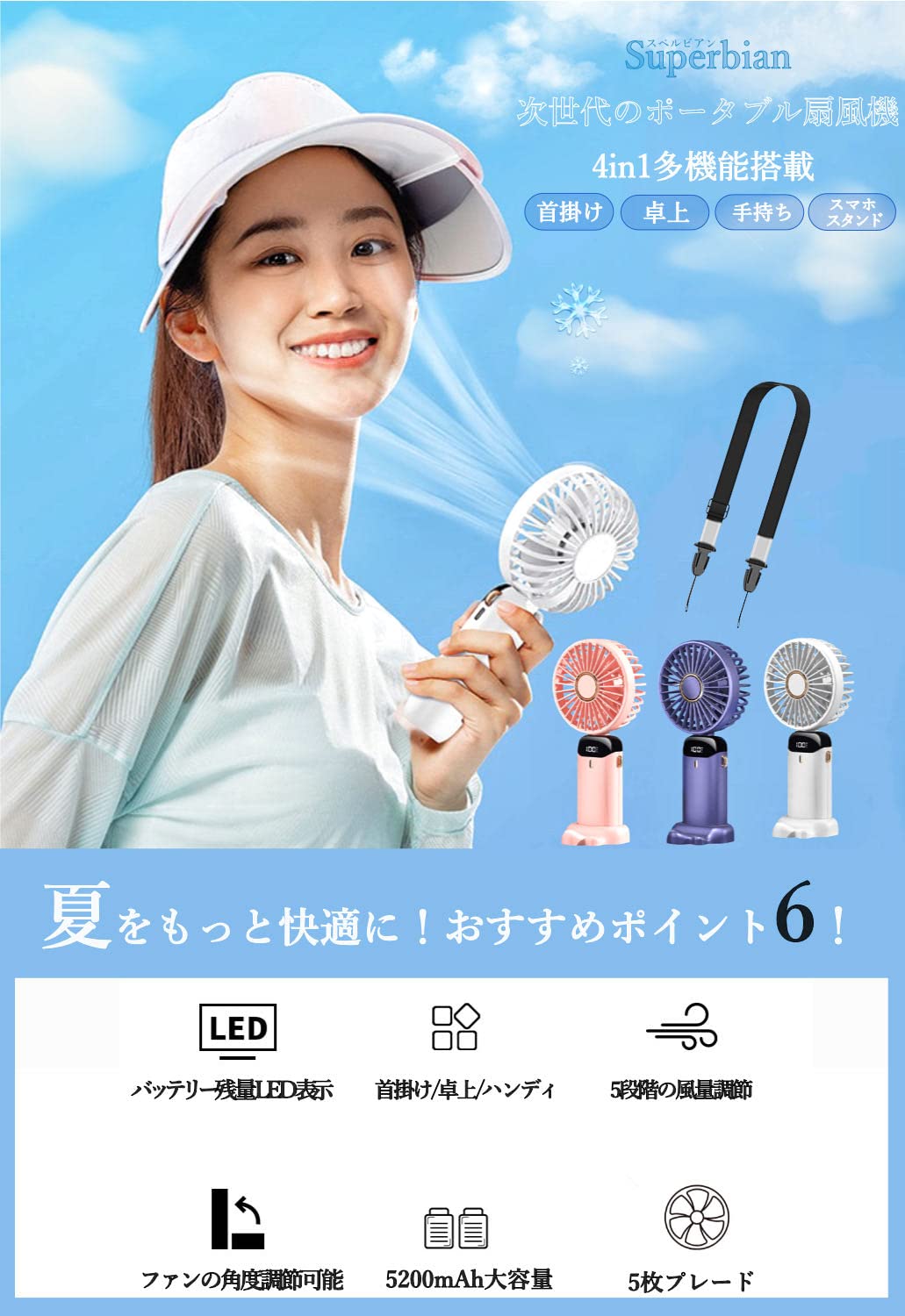 【送料無料】携帯扇風機 ハンディファン「Superbian」5段階風量調節 4in1機能搭載 5200mAh大容量バッテリー搭載 手持ち扇風機/首掛け扇風機/卓上ミニ扇風機 熱中症対策 軽量 持ち運び便利 USB充電式 首掛けストラップ付 スタンド可能 首かけ 花火大会 旅行 色：ホワイト plays23-11704216 PLAYS REGAL サンプル画像2