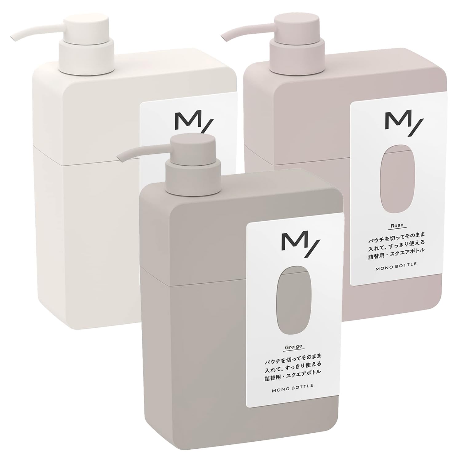 商品情報商品の説明生活を素敵にアレンジするディスペンサーブランド〈 M／ MONO BOTTLE（モノボトル）〉新登場！ スペースや組み合わせ、スタイルに合わせて選ぶことができる詰め替え専用ディスペンサー ■SQUARE BOTTLE 詰め替えパウチがそのまますっぽり入るスリムで大きな四角い詰め替え専用スクエアボトル。 直接液体を流し込まず使えるので、おそうじも簡単。 さらに、上下でセパレートするから自分流のカラーリングにカスタムも。 ※詰替用パウチ400mL以内のもの主な仕様 〈SQUARE　POINT〉 1- 空間に馴染むシンプルデザイン 2- コンパクトに収まるスクエア形状 3- 自分で組み替えて楽しめるカラーアレンジ 4- パウチがそのまま入って衛生的 5- 床との設置面が少なくヌメリにくい