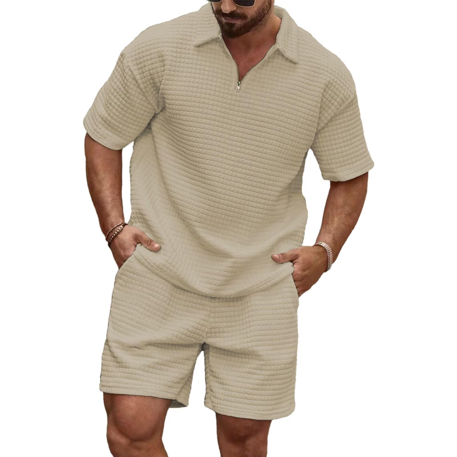 【送料無料】[KULIXI] セットアップ メンズ ハーフファスナー 半袖 通勤 夏服 ジャージ ハーフパンツ 無地 カジュアル 襟付きシャツ 短パンツ Vネック シャツ スウェット フィットネス スポーツウェア アウトドア 上下2点セットTZ13 色：135113*カーキ、サイズ：3XL
