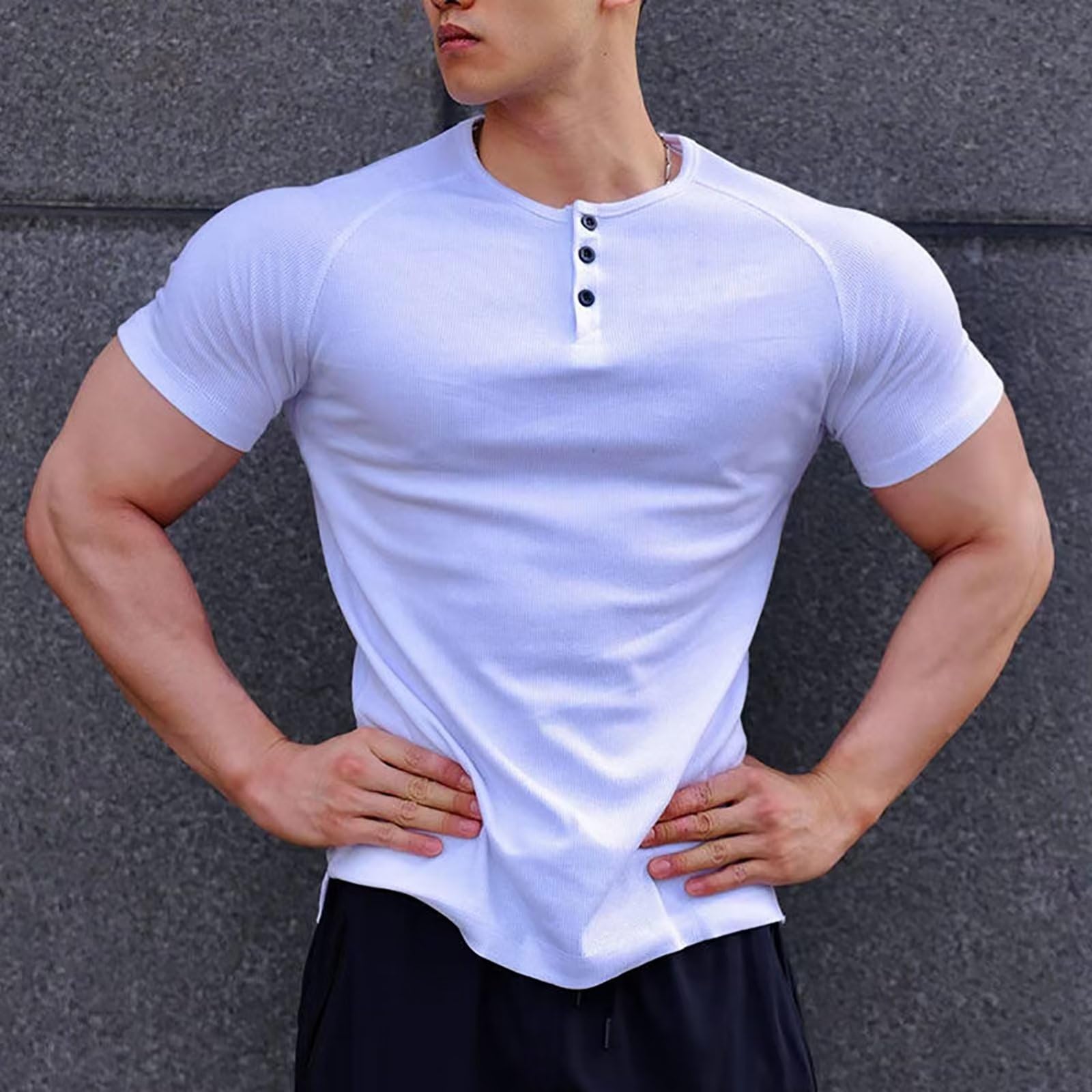 【送料無料】[KULIXI] ヘンリーネック 半袖 メンズ tシャツ フィットネス おしゃれ インナーシャツ ストレッチ カジュアル 筋トレ ジム Tシャツ 無地 カットソー 大きいサイズ DX5345 色：5345(グリーン)、サイズ：XL plays23-10581517 PLAYS REGAL サンプル画像3