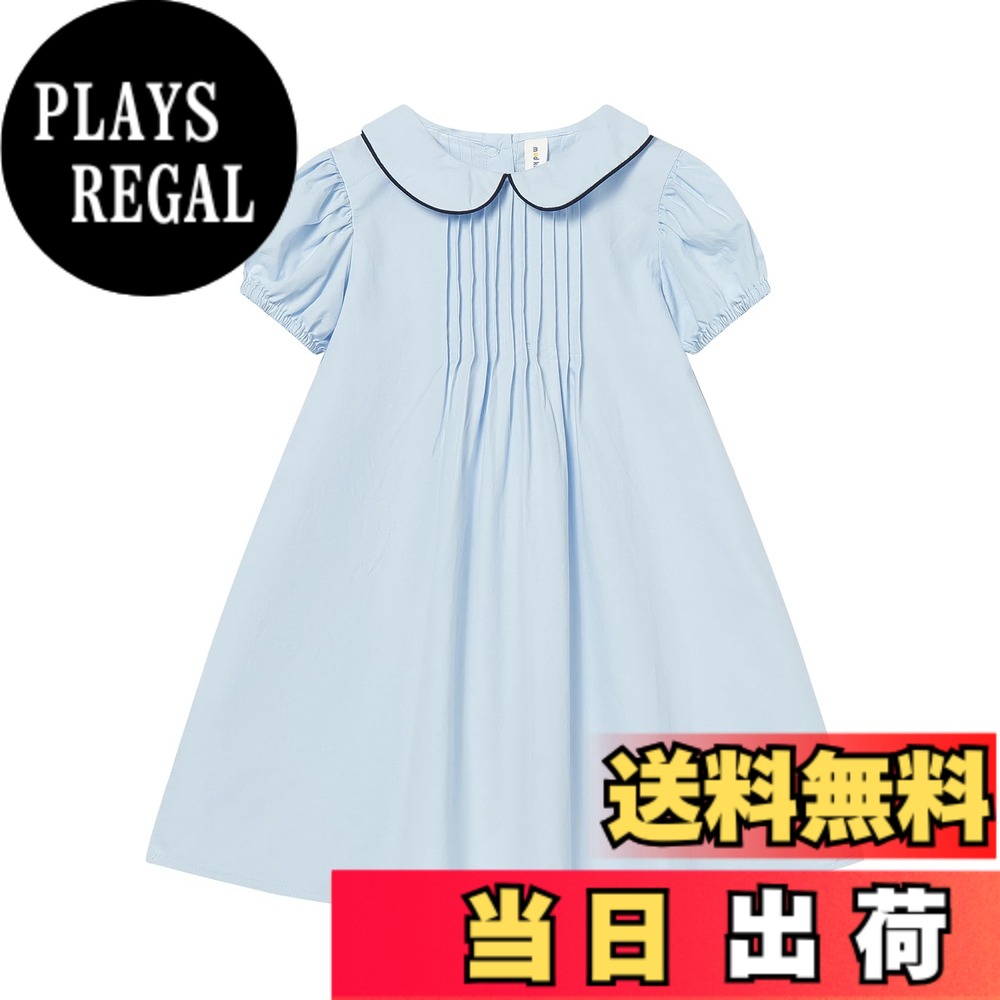 【送料無料】[LSMUDKINGDOM] 丸襟 ワンピース キッズ aライン 襟付き ギャザー パフスリーブ ドレス 子供 女の子 夏 色：ライン-ブルー、サイズ：100