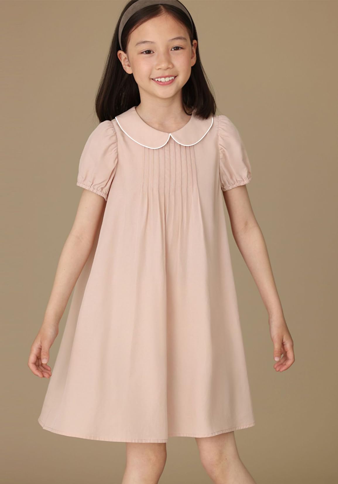 PLAYS REGALの【送料無料】[LSMUDKINGDOM] 丸襟 ワンピース キッズ aライン 襟付き ギャザー パフスリーブ ドレス 子供 女の子 夏 色：ライン-ピンク、サイズ：150｜アングル2