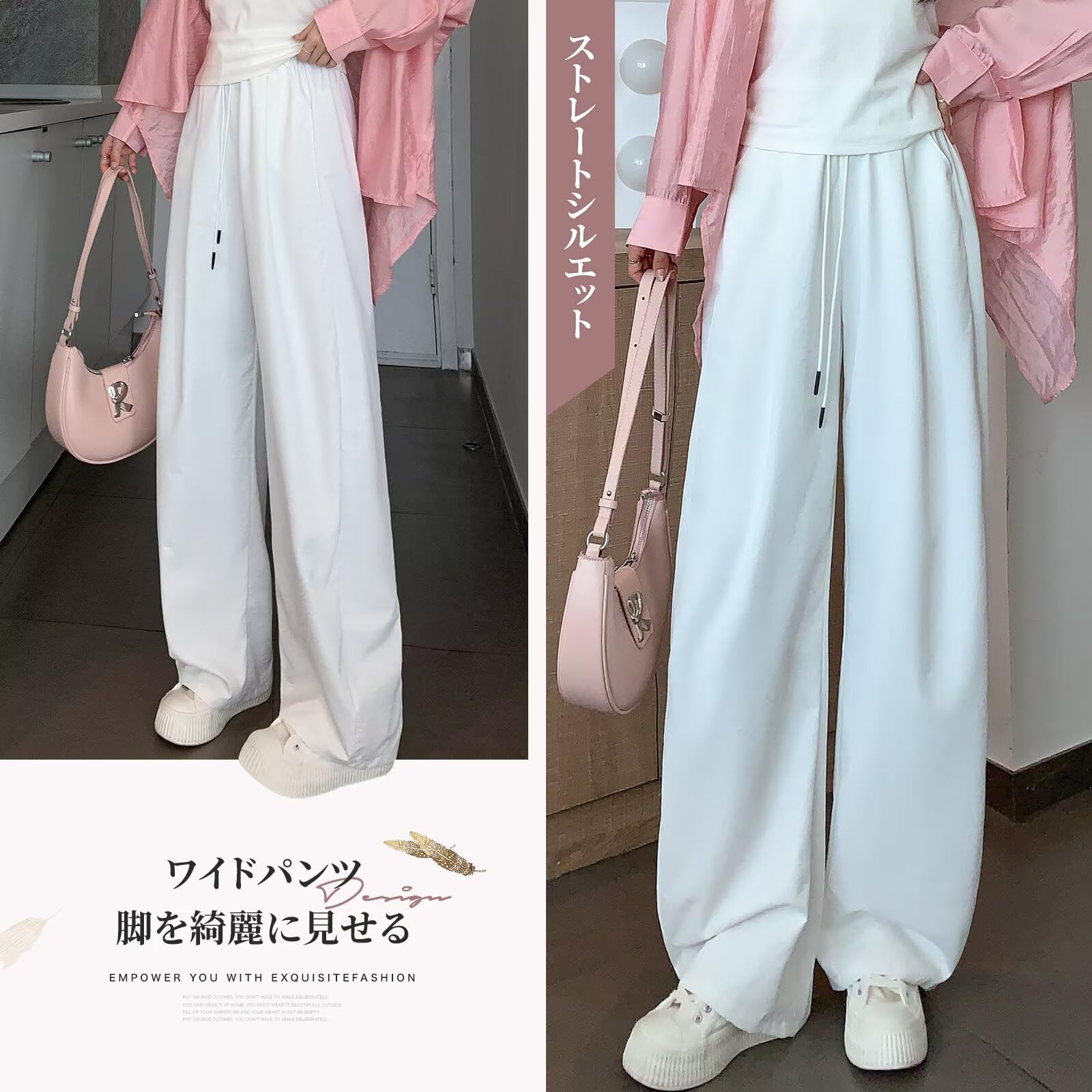 PLAYS REGALの【送料無料】[Muxuryee] ワイドパンツ レディース 夏用 冷感 薄手 ウエストゴム 体型カバー ゆったり 細見え リラックス カジュアル ストレッチ 通勤 ボトムス オフィス パンツ 色：ホワイト、サイズ：XL｜アングル2
