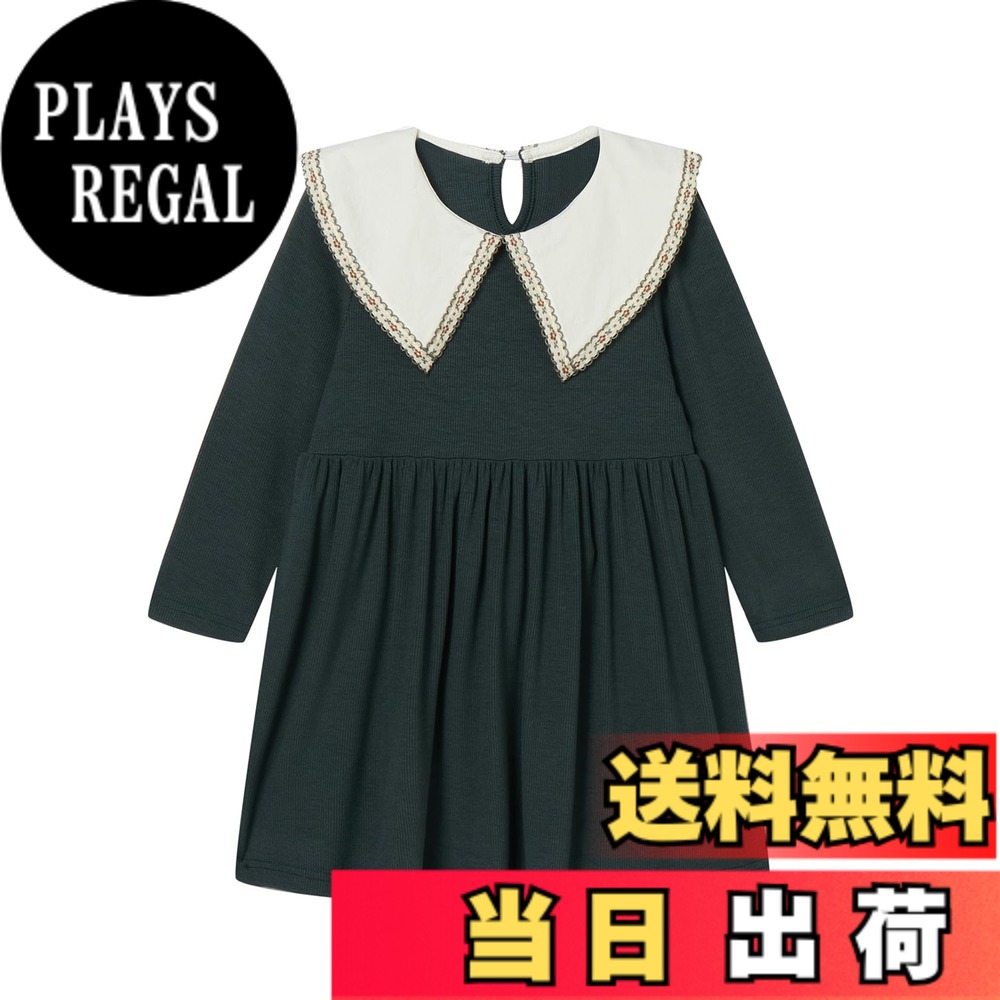 【送料無料】[LSMUDKINGDOM] ワンピース キッズ 長袖 丸襟 ギャザー 切り替え フレア かわいい 花柄刺繍 カジュアルドレス 子供用 女の子 色：グリーン、サイズ：120