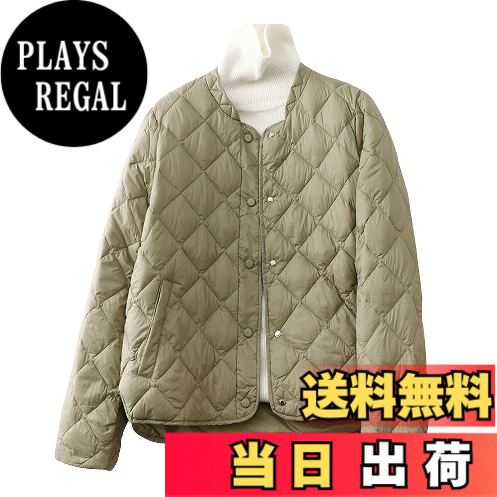 【送料無料】[YASHIGE] ダウンジャケット ノーカラージャケット レディース キルティング コート 秋 冬 アウター 長袖 ポケット付き シンプル 軽い 暖かい 防寒 無地 通勤 通学 四色展開 M~XL 色：グリーン、サイズ：S