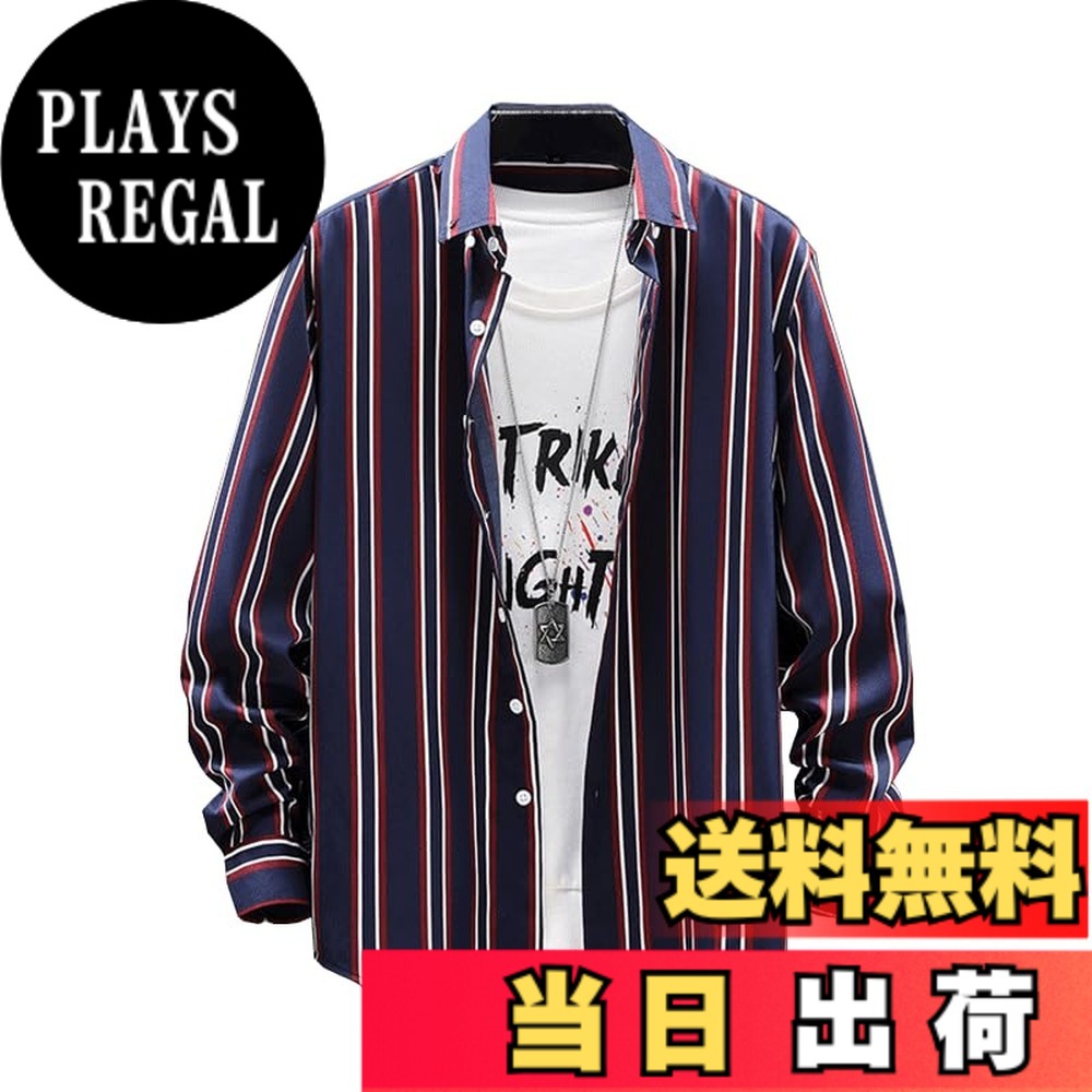 Tops - 【送料無料】[Liaziong] シャツ メンズ 長袖 薄手 ワイシャツ ストライプ柄 ボタンダウン 夏服 春 秋服 メンズ 大きいサイズ 柔らかい シンプル おしゃれ ブラウス フィット ビジネス Yシャツ 色：L2#青赤、サイズ：L