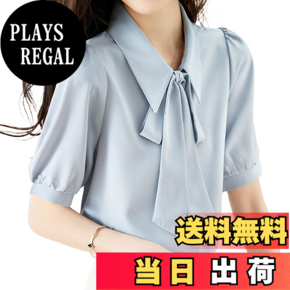 Short Sleeves - 【送料無料】[LSMUDKINGDOM] ブラウス レディース 半袖 リボン シャツ 襟付き シフォン おしゃれ オフィス 通勤 オフィス 夏 色：ブルー、サイズ：L