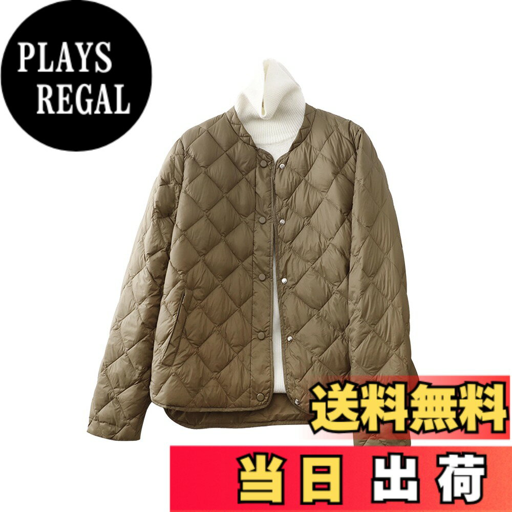 【送料無料】[YASHIGE] ダウンジャケット ノーカラージャケット レディース キルティング コート 秋 冬 アウター 長袖 ポケット付き シンプル 軽い 暖かい 防寒 無地 通勤 通学 四色展開 M~XL 色：カーキ、サイズ：L