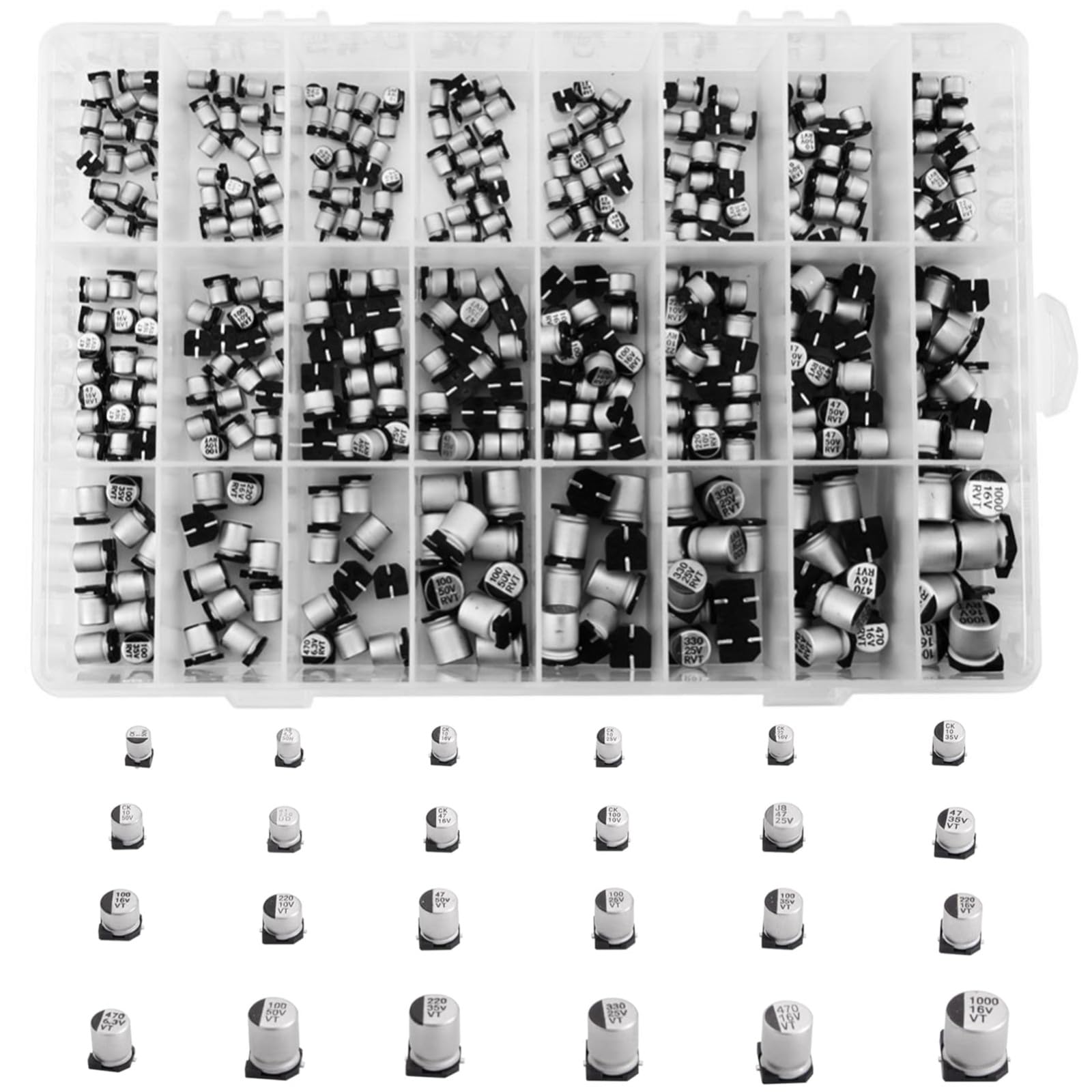 [Free Shipping] SMD Aluminum Electrolytic Capacitor Set - 24 Types, 400 Pieces (1uF-1000uF) - Electronic Components Assortment Kit - High Capacity - For PCs, Laptops, Radios, and DIY Projects - Includes Storage Box