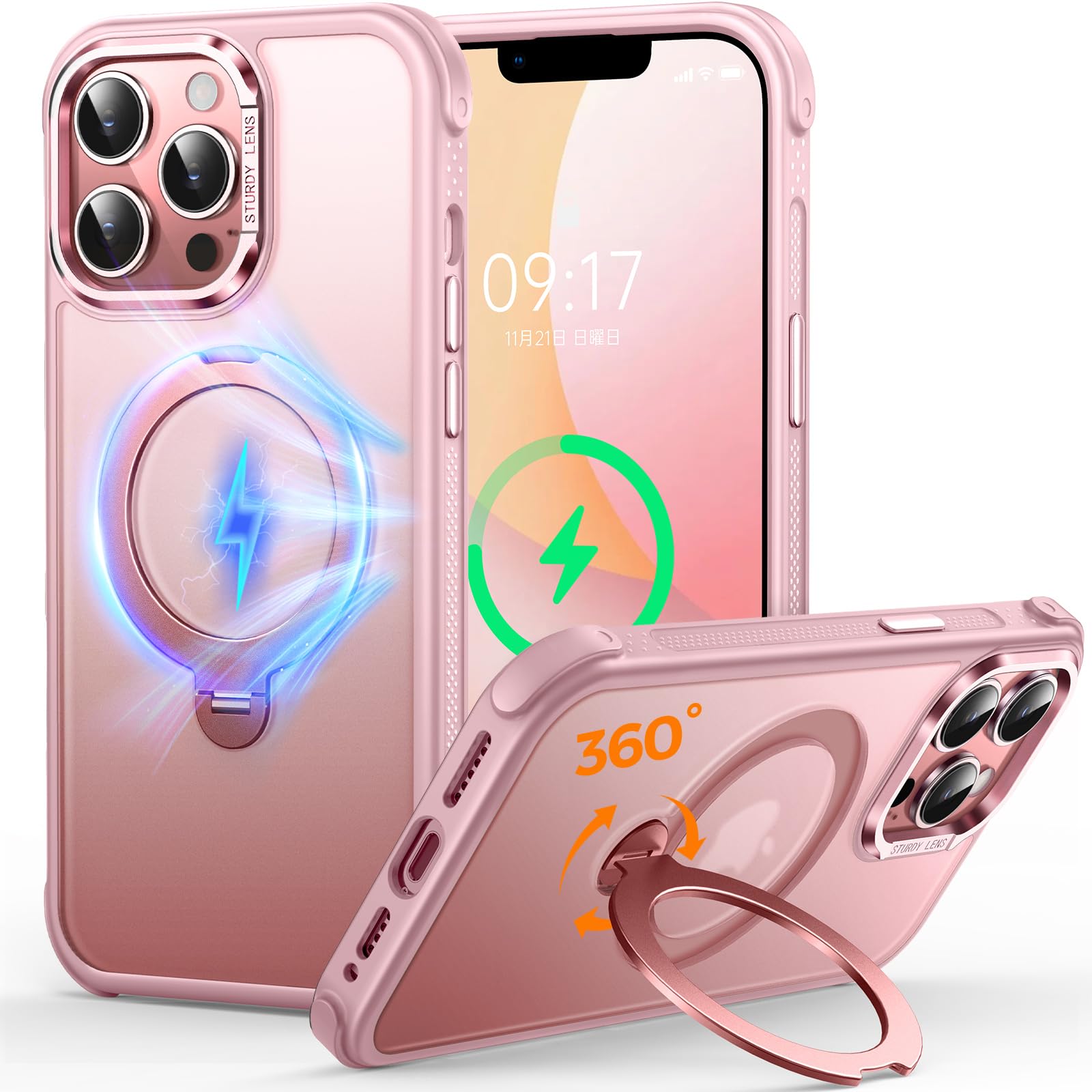 【送料無料】iPhone 12/13/14/15/16 薄型 ケース 360度回転スタンド 色：ピンク、...