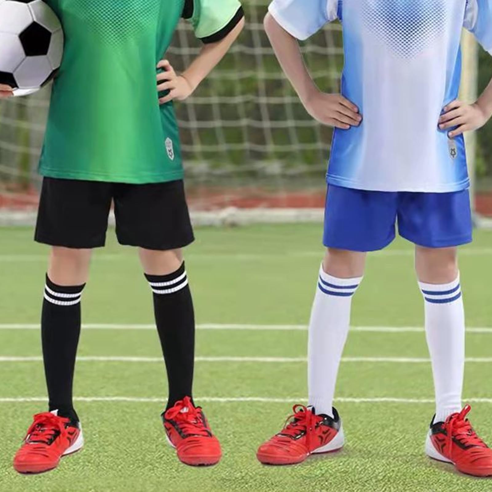 PLAYS REGALの【送料無料】[Alaiyaky] サッカー ソックス 10色 靴下 ジュニア 子供 キッズ 大人 ハイソックス ボーダーソックス ロングソックス ストライプ フットサル 滑り止め 通気吸汗 抗菌防臭 速乾 ラグビー 運動会 スポーツ 男女兼用 目立つ 色：ダークブルー、サイズ：17.0 cm｜アングル3