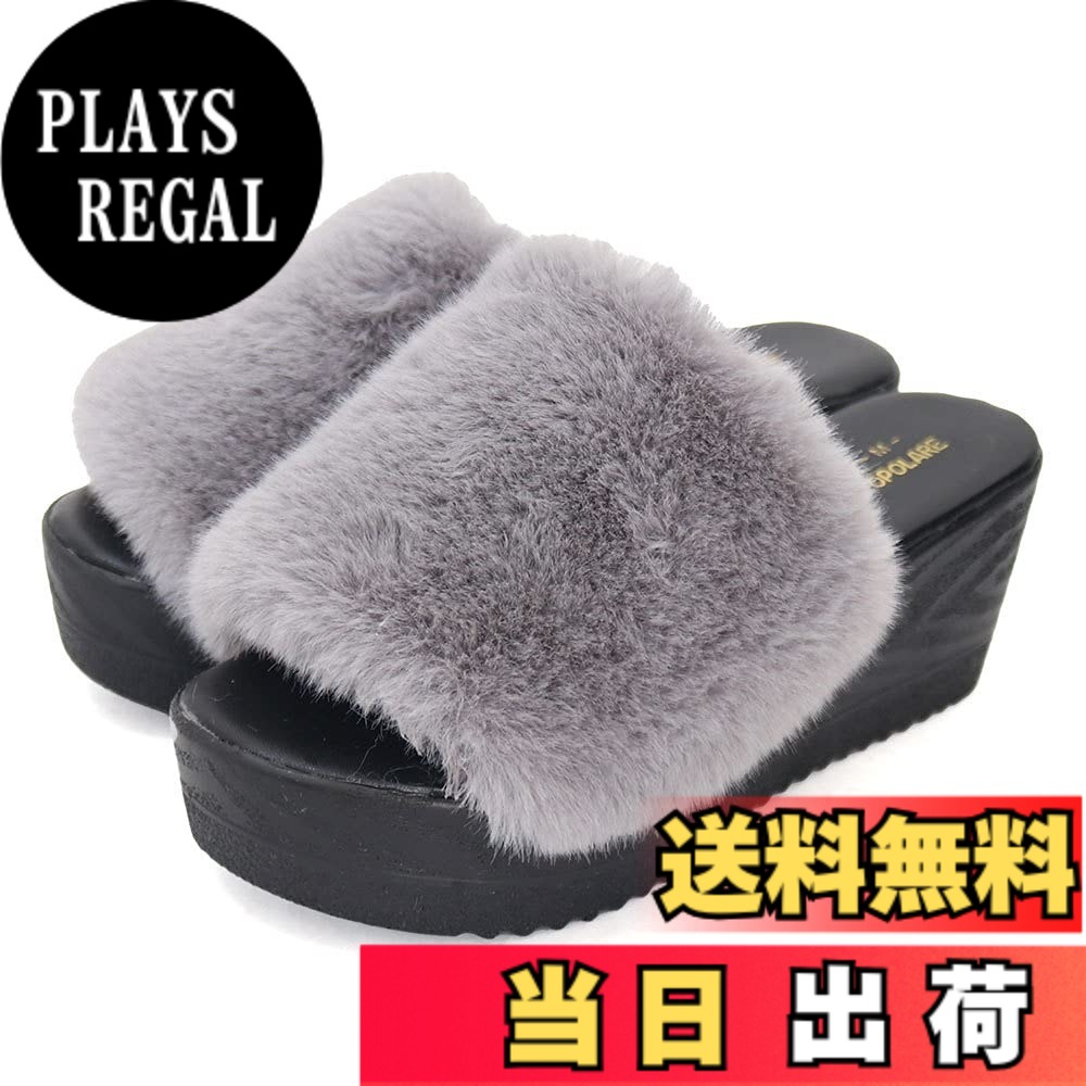 樂天商城 - 【送料無料】[ポポラーレ] サンダル 厚底 オープントゥ フェイクファー ウェッジサンダル おしゃれ ボアサンダル レディース ミュール ファーボア厚底 色：グレー、サイズ：L 3E