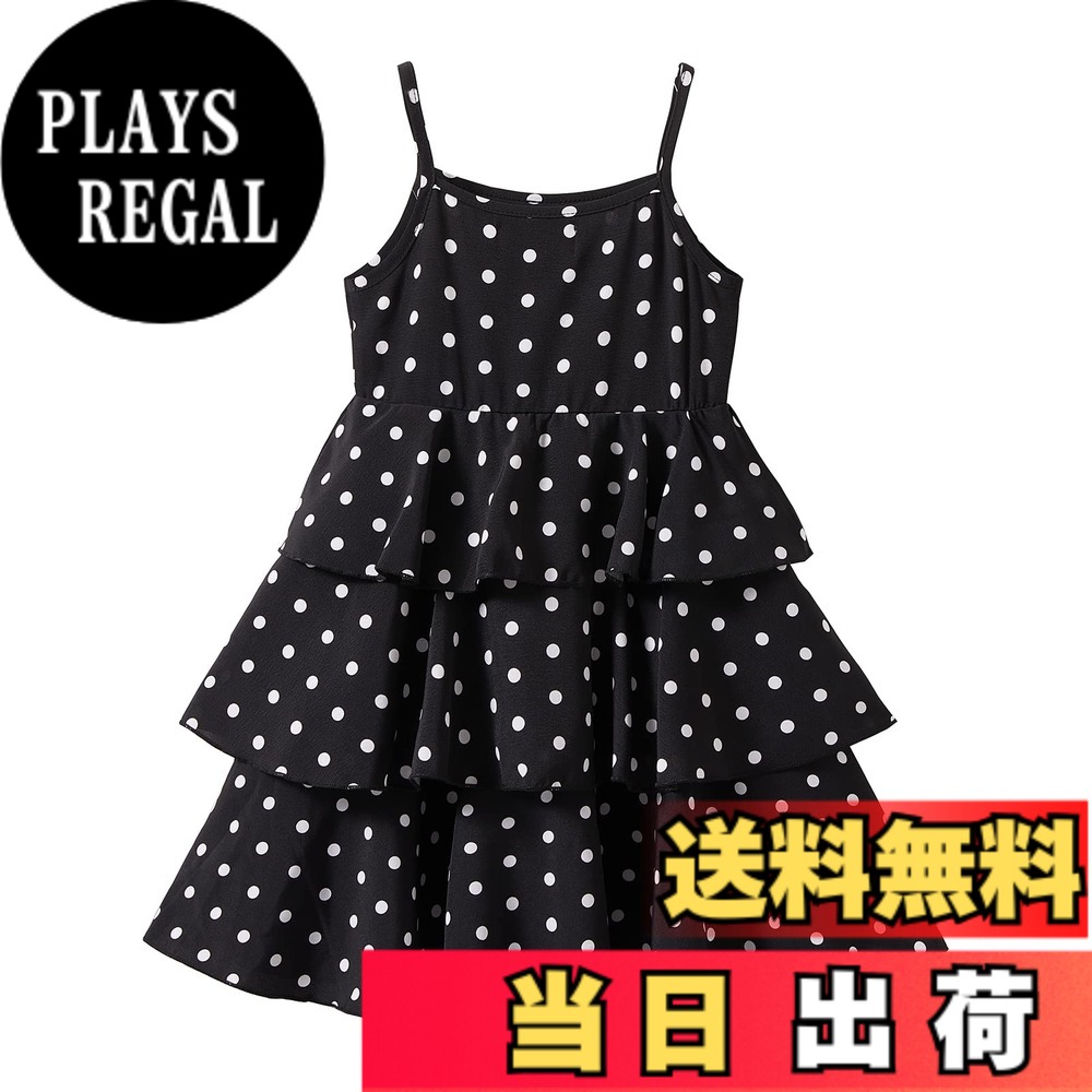 【送料無料】[LSMUDKINGDOM] 夏 ワンピース キッズ ノースリーブ ドット ティアード キャミソールワンピース 子供 女の子 色：ブラック、サイズ：110
