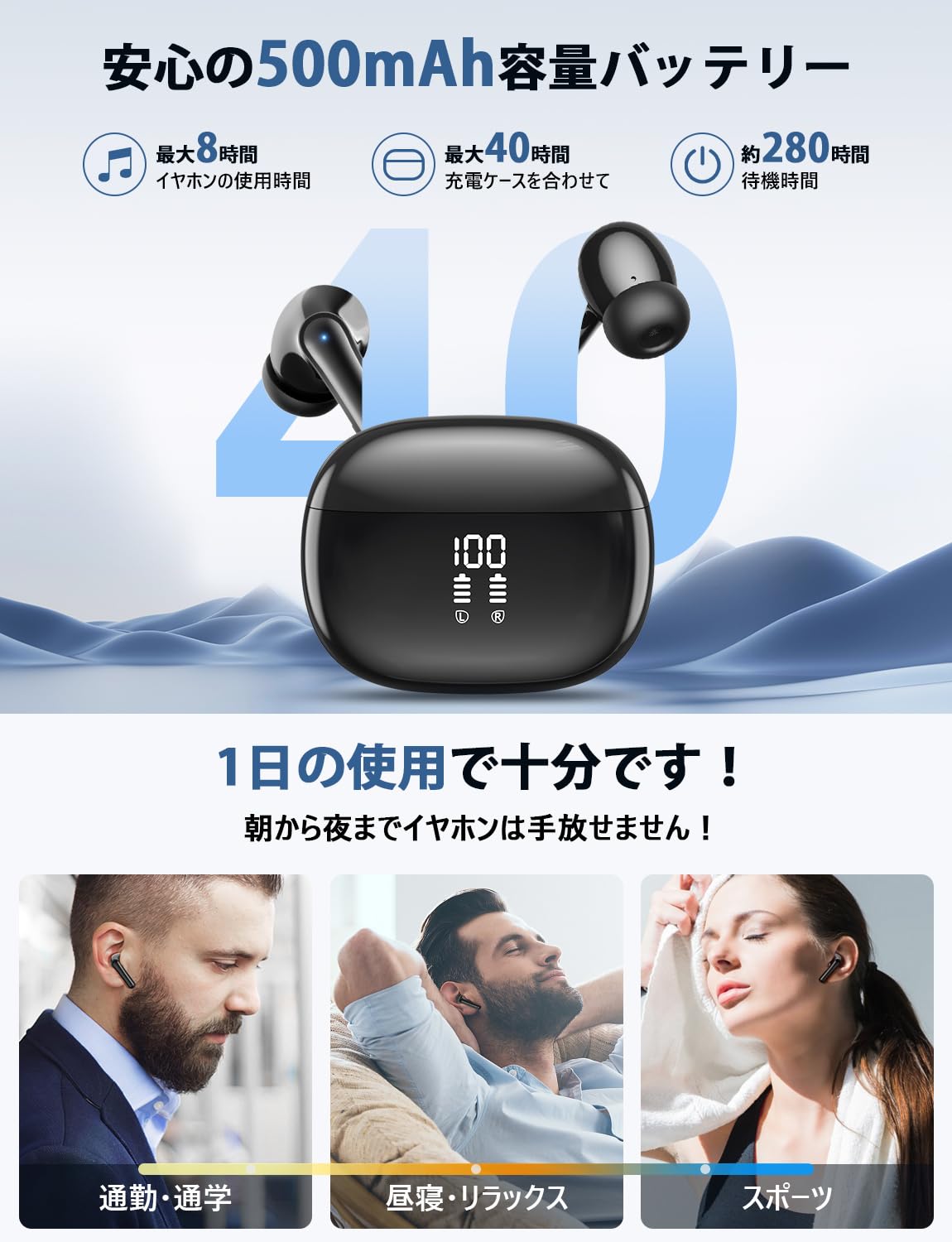 【送料無料】【Bluetooth イヤホン】ワイヤレス ブルートゥース イヤホン JGUG 数字LEDディスプレイ表示 両耳ENCノイズキャンセリング 長時間連続再生 自動ペアリング 完全ぶるーとぅーす Hi-Fi音質 タッチコントロール Type-C充電 片耳/両耳 左右分離型 色：01.ブラック plays23-11616324 PLAYS REGAL サンプル画像3