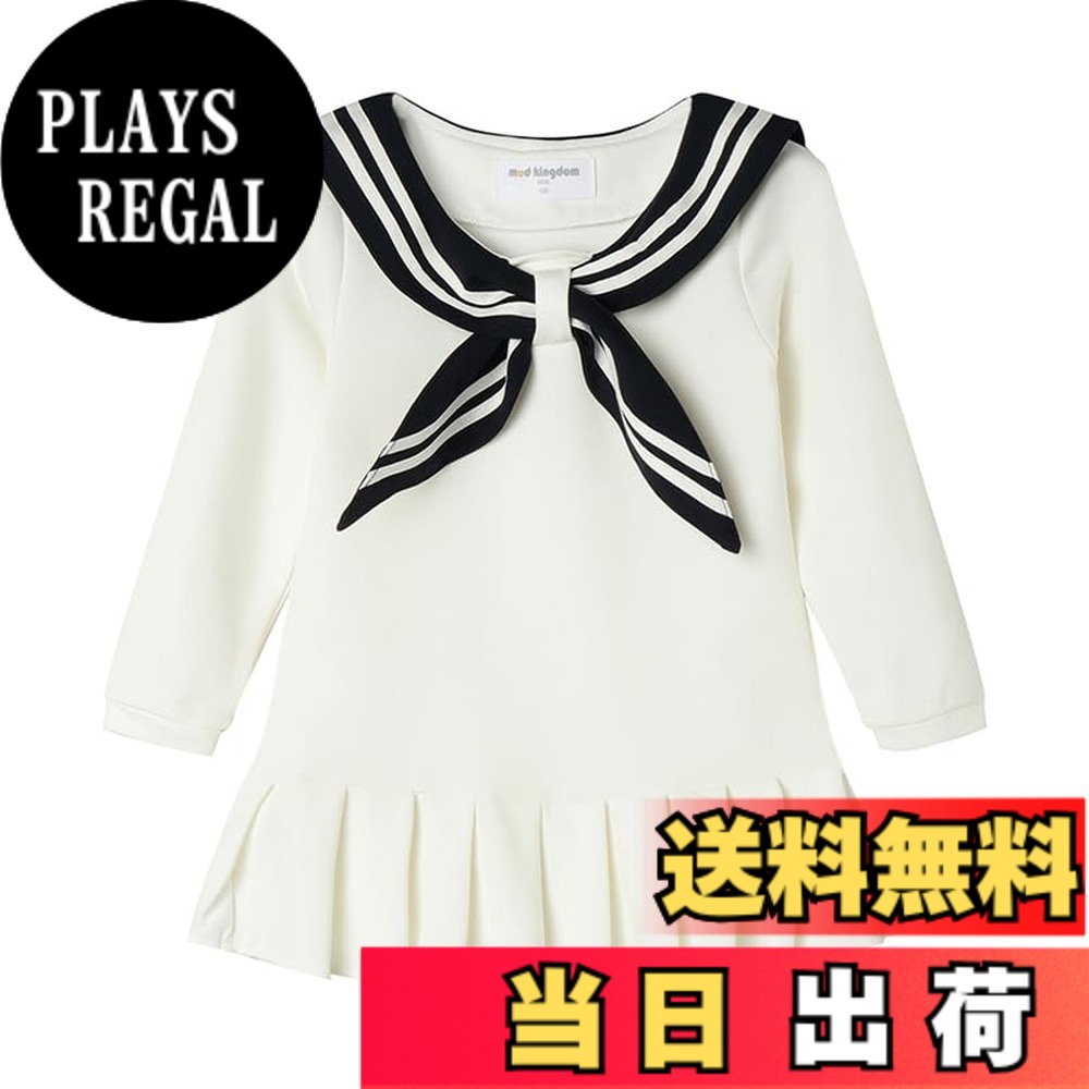 【送料無料】[LittleSpring] キッズ ワンピース 長袖 セーラー襟 プリーツ 切り替え フレア カジュアル 子供服 女の子 春秋 色：ホワイト、サイズ：120