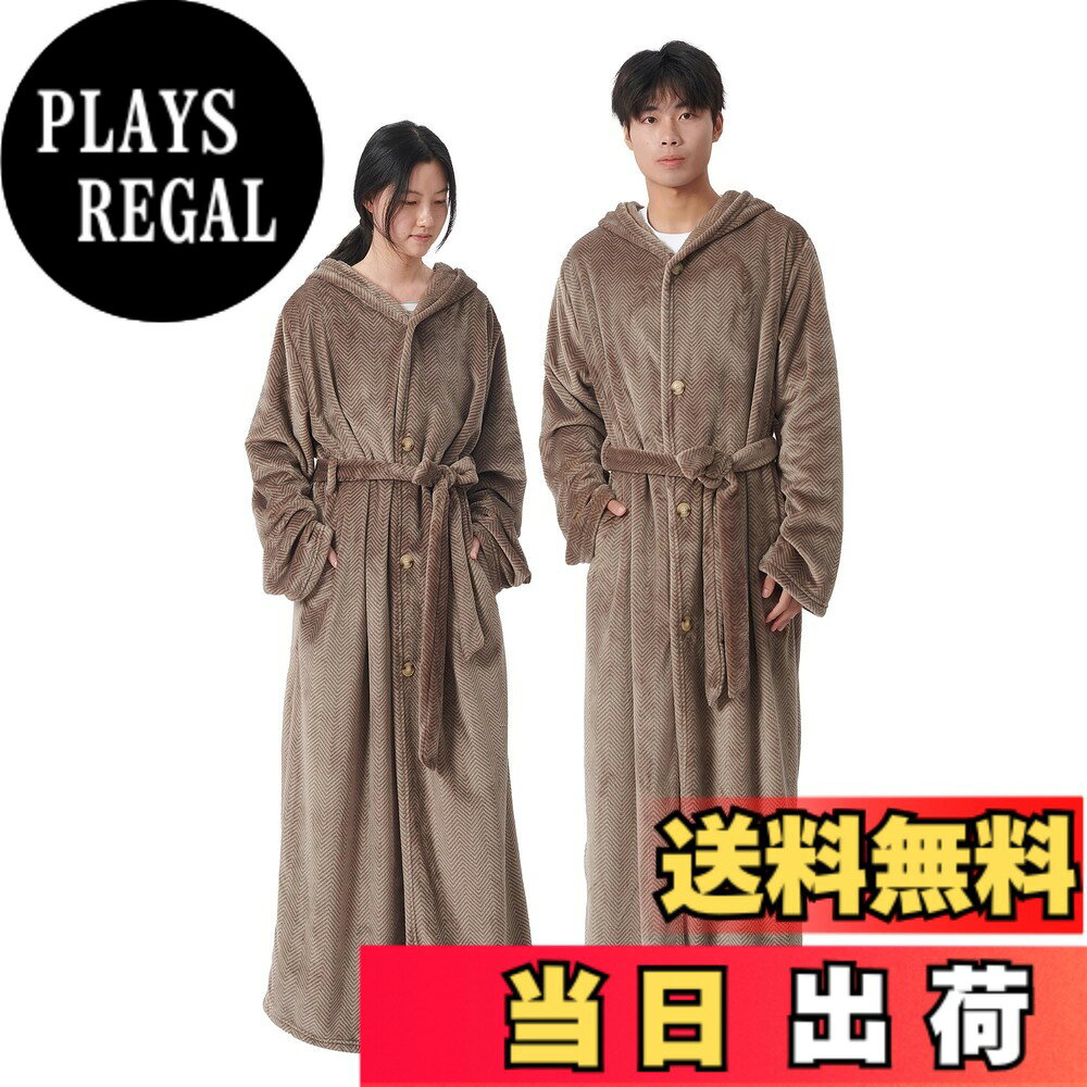 商品情報商品の説明主な仕様 【男女兼用の着る毛布】素材：ポリエステル100%（フランネル）　カラー：ヘリンボーン柄・モカ　サイズ：Rサイズ（着丈約140cm）※縫製や生地の伸縮などにより、表記と多少の差異が生じますので、予めご了承ください。【なめらか・あったかフランネル生地】軽やかでふわふわなフランネル生地を使用した着る毛布、柔らかくなめらかな肌触りを実感できます。吸湿発熱素材で保温力が高く、軽いのに暖かさをしっかりキープ、寒くなる秋冬のルームウェアとして最適です。静電気防止糸を採用するため、冬のパチパチを軽減、着心地抜群！【使いやすさにこだわったデザイン】1.フード付きで頭・耳元まであったか　2.外しやすいボタン付きで着る方が自由、さらに保温性アップ※ボタンは右側になります　3.腰ベルト付きで動きやすいお好みの長さに調節が可能　4.長めの袖丈で手先までしっかり防寒　5.左右にポケット付きで小物入れるのが便利で使いやすい　6.ハンガーループ付きで掛けることがもっと便利。【ラクな着心地で様々なシーンで活躍】家中どこに居ても暖かく快適に着れる毛布、暖房費を節約したいときや朝の寝起きにとても便利です。リラックスタイムはもちろん、軽量で動きやすいので、テレワークや家事にもおすすめ。オシャレなデザインでちょっとした外出時のアウターとしてもご利用いただけます。【お家で手軽に洗濯できる】ご家庭の洗濯機で丸洗いOK、いつでも清潔に着ることができます。※洗濯ネットに入れて手洗いコースで洗ってください。