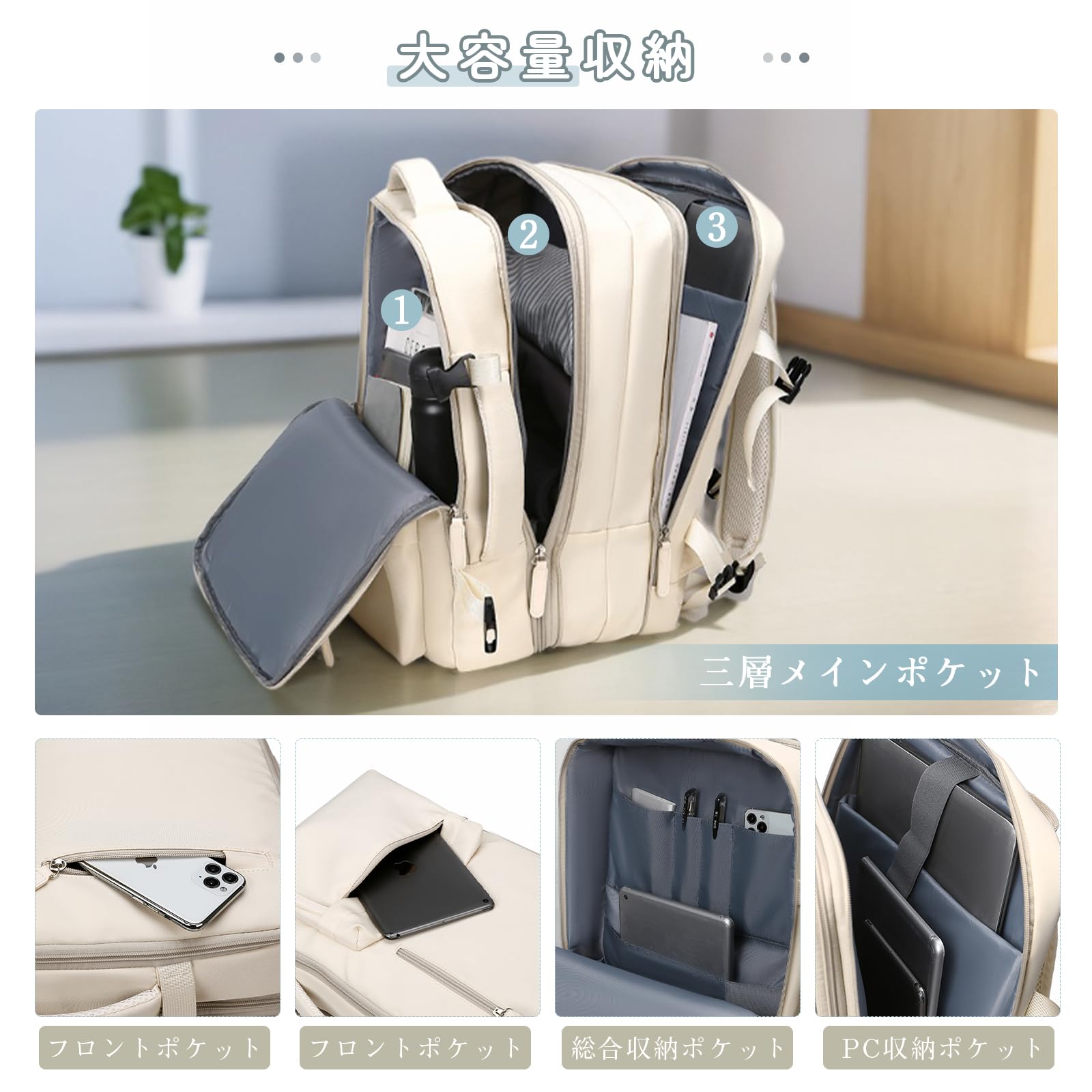 【送料無料】[OFAMOUS] 大容量ビジネスリュック 旅行カバン レディース メンズ 防水 2WAY 多機能 拡張可能 USBポート付き キャリーオン対応 15.6インチPC A4 色：ホワイト、サイズ：通用 plays23-10484039 PLAYS REGAL サンプル画像2