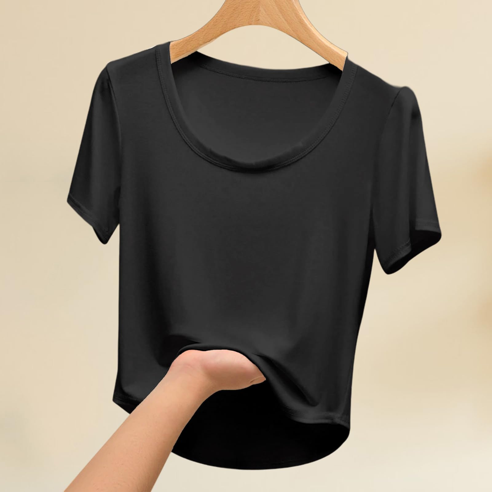 【送料無料】[Moerstar] レディース Uネック 半袖Tシャツ 丸首 Tシャツ 春夏向け 薄手 インナー＆アウター兼用 おしゃれなショート丈デザイン 快適 ストレッチ素材 体型カバー おしゃれ 薄手 仕事 通勤 スポーツ 色：ブラック、サイズ：L 3