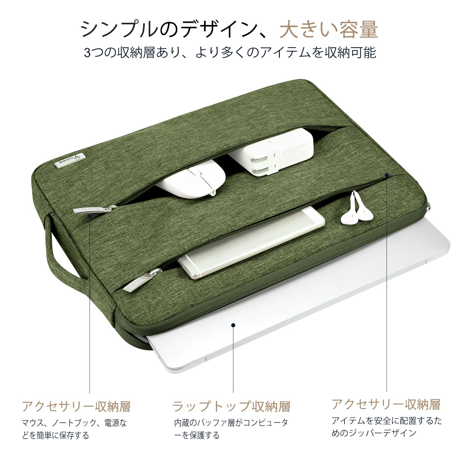 【送料無料】Voova ラップトップスリーブケース 防震 防水 ノートパソコン バッグ 耐衝撃 PCインナーバッグ 持ち歩き 通勤 パソコン ビジネス 手提げカバン コンピューター/ウルトラブック/Chromebook/MacBook Air Pro/Surfa 色：アーミーグリーン、サイズ：14-15インチ plays23-11552914 PLAYS REGAL サンプル画像2