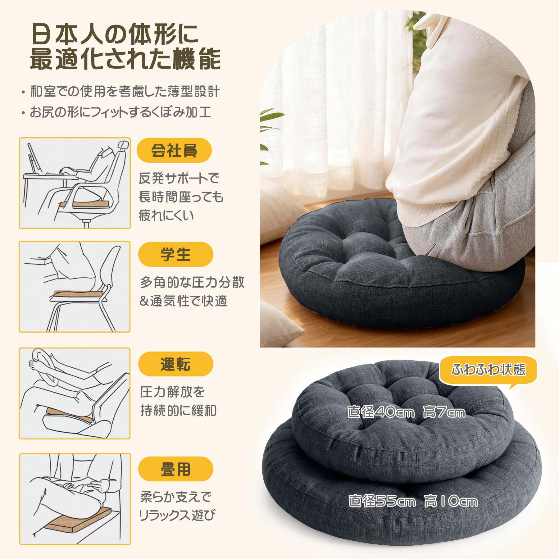 【送料無料】座布団 椅子クッション HOSUR フロアクッション 無地 リネン風 円形 ...