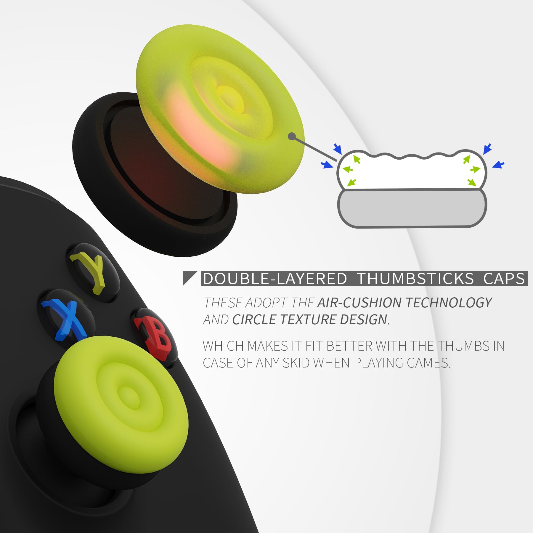 PLAYS REGALの【送料無料】PlayVital ps5やps4コントローラー対応クッションバージョンジョイスティックキャップ、Xbox Series X/S対応サムスティックグリップカバー、Xbox OneやElite Series 2コントローラー対応親指グリップ、Switch Proコ 色：ブライトグリーン＆ロボットホワイト｜アングル3