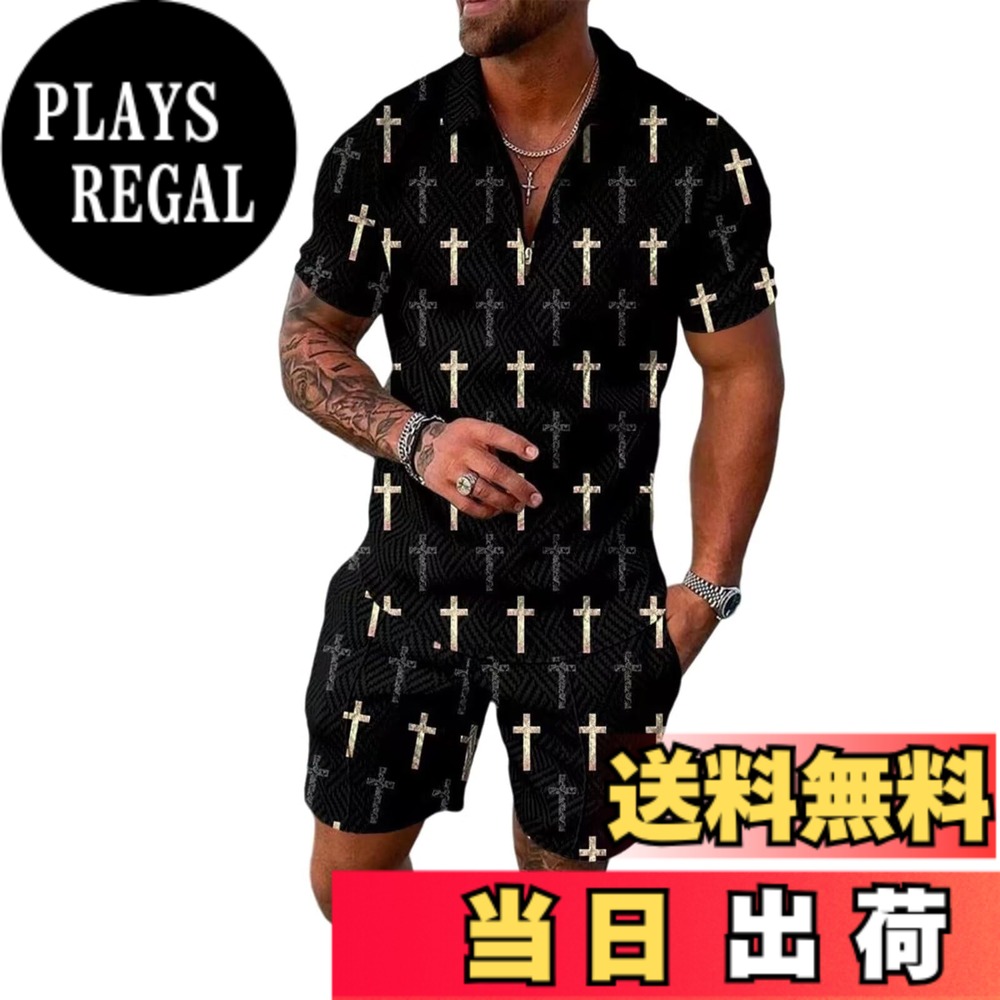 【送料無料】[UUEN] メンズ スポーツウェア セットアップ ハーフファスナー 半袖 夏服 ジャージ ハーフパンツ カジュアル 襟付きシャツ 短パンツ Vネック シャツ フィットネス アウトドア 上下2点セット 色：BK、サイズ：S