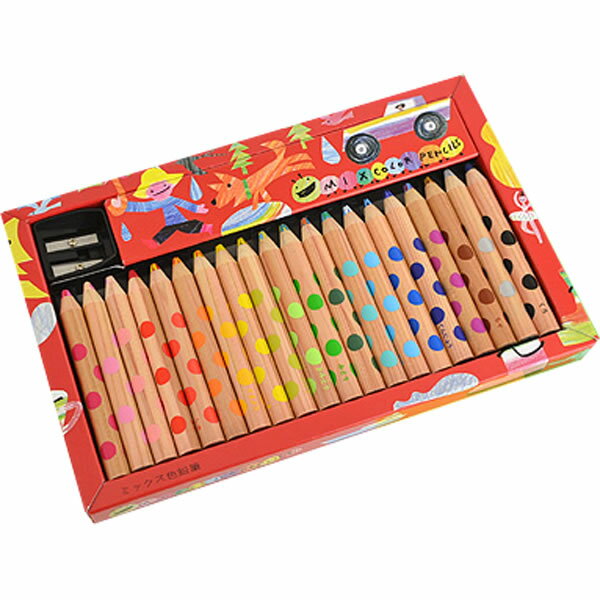 色鉛筆は、色を重ねることでより豊かで深い色彩を表現することができることをご存知ですか？絵本作家、イラストレーターの多くは、複数の色を重ねることで自分の表現したい色を創り出しています。このミックス色鉛筆は、絵本作家が厳選した2つの色を1本の芯に収めた混色芯を採用した新しい色鉛筆。誰でも手軽に美しい色の重なりを楽しむことが出来ます。また、通常の色鉛筆よりも、太く柔らかな芯と太い軸を採用していますので、お子様にも持ちやすく、なめらかに描くことができます。混色芯の色の組み合わせは、絵本作家はたこうしろう先生に監修いただきました。きれいでやわらかい色彩を目指し、何度も何度も最適な組み合わせを模索し、丁寧に仕上げました。■備考：2色混色色鉛筆20本、太軸用鉛筆けずり1個2023/02/27 更新