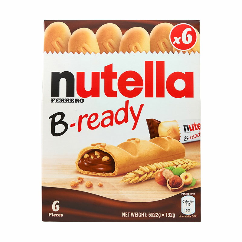チョコレートスプレッドでおなじみの「nutella(ヌテラ)」から、サクサクのウエハースの中にクリーミーなヌテラが入った"nutella B-ready(ヌテラ ビーレディー)"がラインアップ。個包装なので、いつでもどこでも手軽に食べられて便利！ボックス入った6個入りです。【サイズ】(パッケージ)約 W13.5×H17×D4cm【容量】132g【素材/成分】※画像参照【原産国】イタリア●表面に油が浮き出ることがあります。また原料の一部の成分が温度変化によって白く固まることがありますが、どちらも異常はありません。 ●本製品は乳成分、大豆、小麦を含みます。 ●開封後はお早めにお召上がりください。 ●写真・イラストはイメージです。