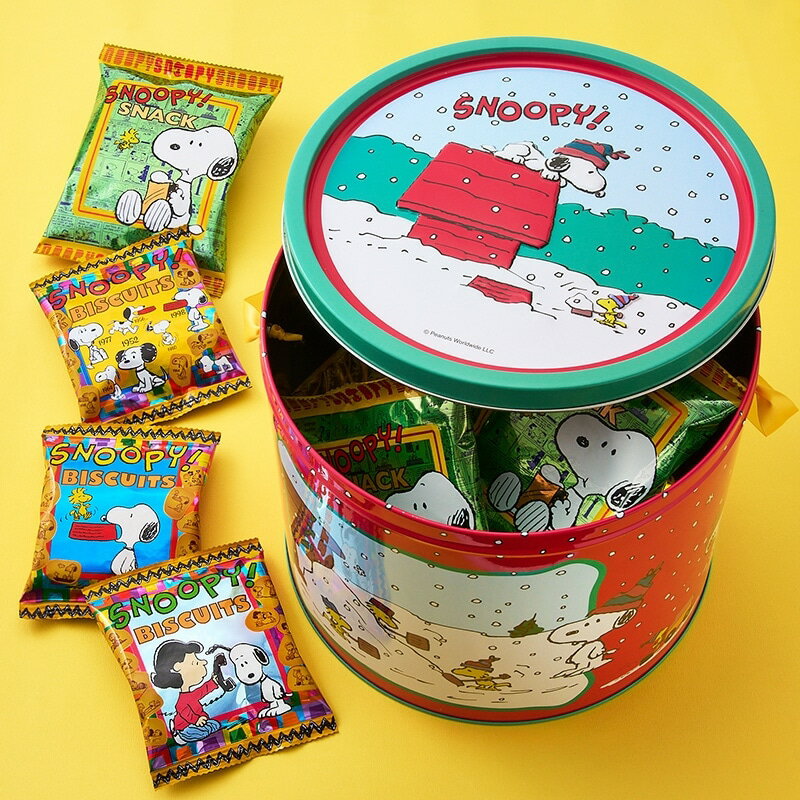 スヌーピー PEANUTS ビッグラウンドティン (焼菓子・スナック入り)
