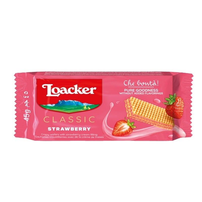 サクサク食感の3層のウエハースで2層のなめらかなストロベリークリームをサンドした「クラシック ストロベリー」です。イタリア生まれならではの甘酸っぱく上品なストロベリーの香りと、軽やかな歯ごたえが絶妙なハーモニーを奏でます。おやつタイムのティーのお供にはもちろん、リラックスしたいひと時にサッとつまめる満足感たっぷりの極上ウエハースです。 【サイズ】パッケージサイズ：W135×H60×D20mm 【内容量】45g 【素材/成分】※画像参照 【原産国】オーストラリア