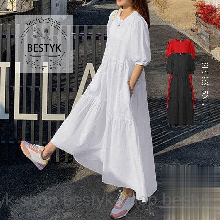 ワンピース ブラウス マキシワンピース トップス レディース 5分丈袖 パフスリーブ 無地 体型カバー ゆったり ロング丈 カジュアル 着痩せ 春 30代