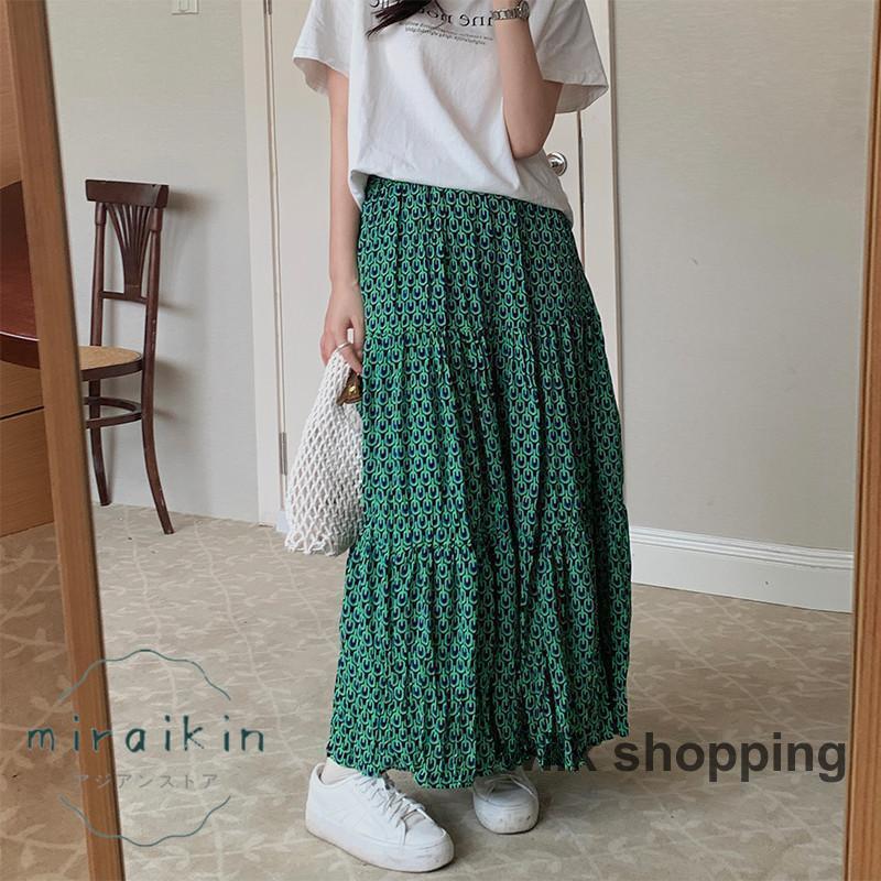 スカート ロング レディース ボトムス ゴム ロングスカート フレアスカート 太め Aライン ロング スカート ボリュームデザインスカート 緑 卒業式 入学式 総柄のサムネイル