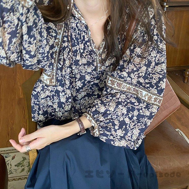 【期間限定10％OFF】ブラウス レディース きれいめ 40代 秋新作 長袖ブラウス 花柄シャツ パフスリーブ Vネック シフォントップス オシャレカジュアル 韓国風 ゆったり 大人可愛い