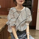 スーパーセール限定!Tシャツ トップス レディース きれいめ 40代 幾何柄 半袖トップス 白インナー オシャレ ブラウス tシャツ 綿 大きいサイズ 着痩せ 韓国風(4)